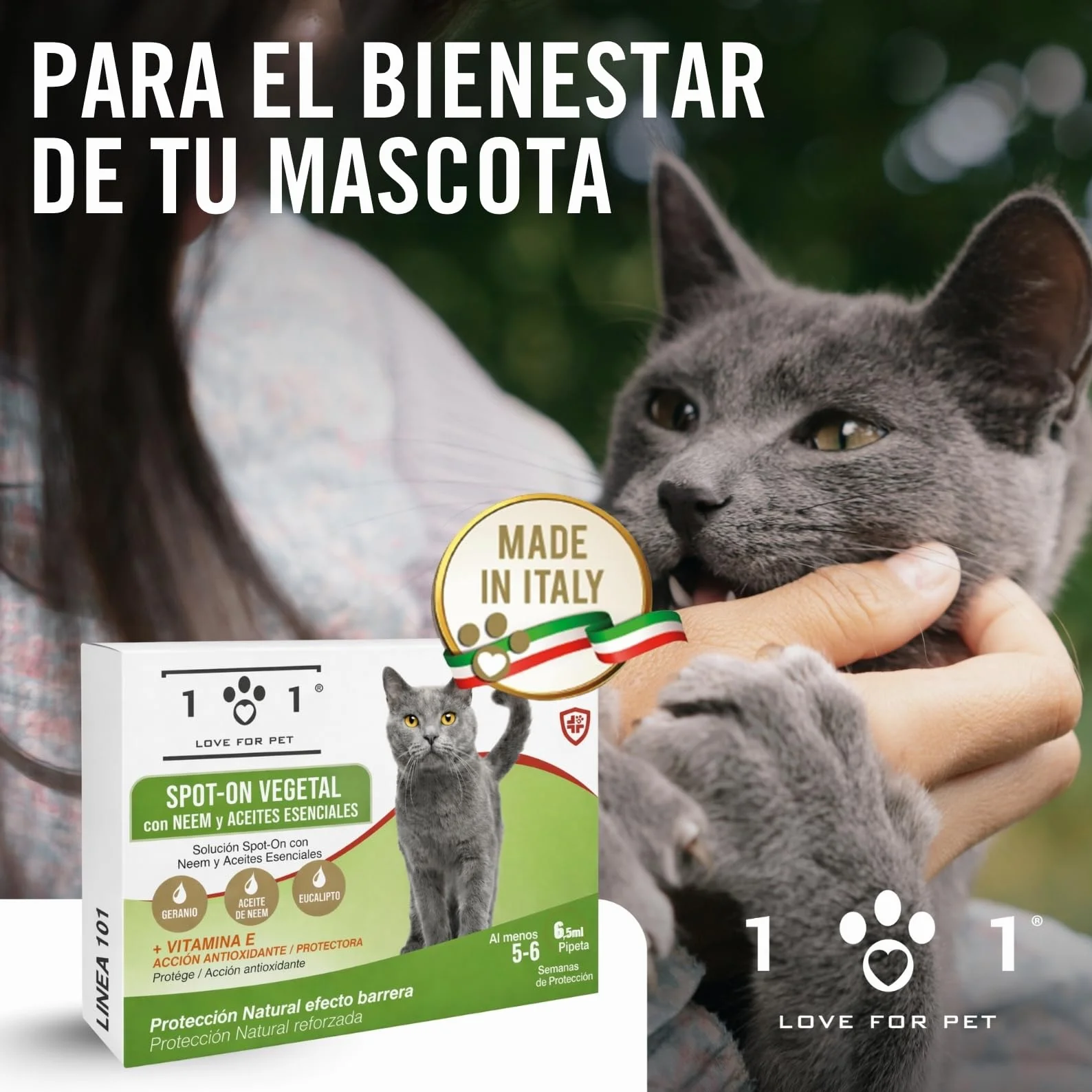 Pipetas Antiparasitarias Gatos 6 de 0,5ml Aantipulgas Gato contra Garrapatas y Mosquitos, Neem y Aceites Esenciales, Larga Duración