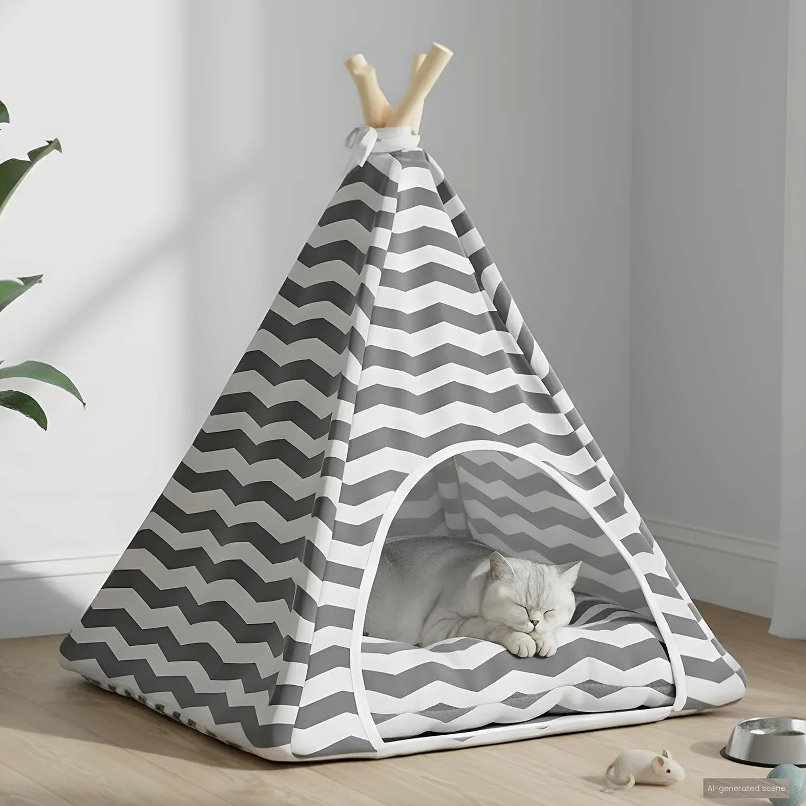 Tipi para mascotas con cojín blanco y gris, 50 x 50 x 60 cm, cueva para gatos, cesta para gatos, cojín para gatos, cama acogedora con estaca de madera de pino para gatos y perros pequeños