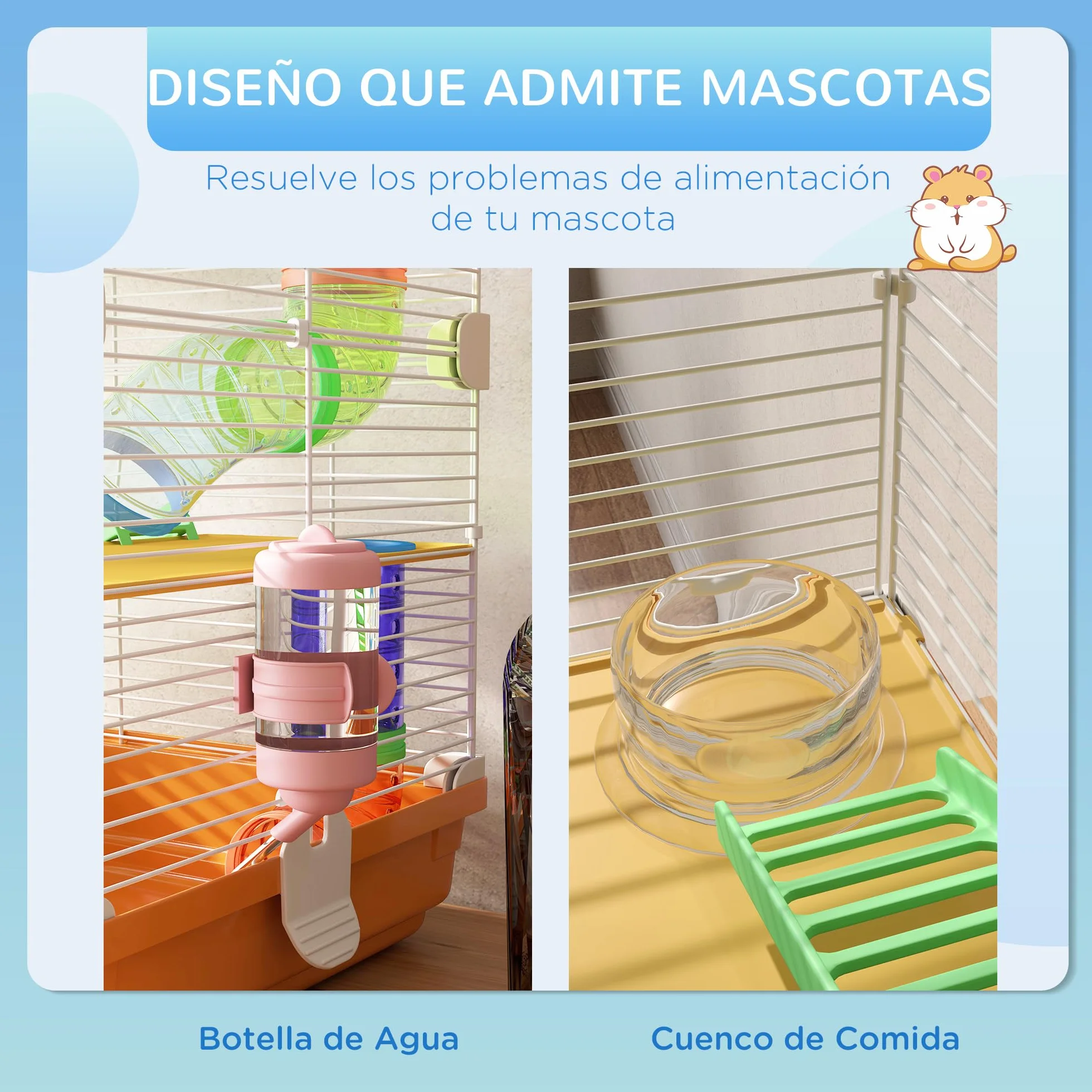 PawHut Jaula para Hámster de 5 Niveles, Casa para Roedores Pequeños con Túnel, Plataformas, Cuenco, Bebedero, Casita, Rampas y Rueda de Ejercicio, para Jerbos, 46x30x58 cm, Naranja