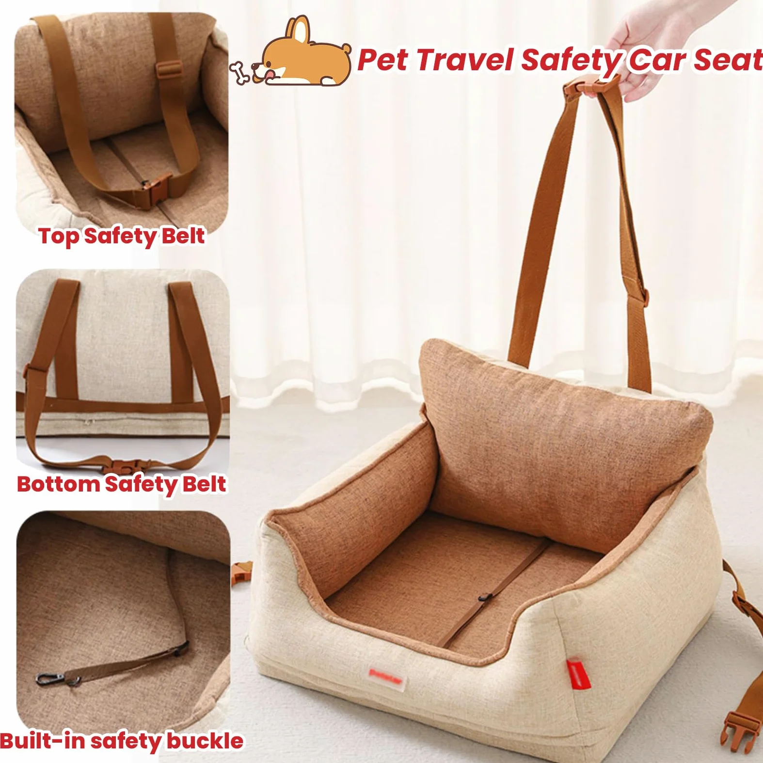 Asiento De Coche para Perros, Cama para Perros, Cajas De Transporte, Canastas para Gatos, Asiento Perro Coche Pequeño Mediano con Cinturón De Seguridad Antideslizante