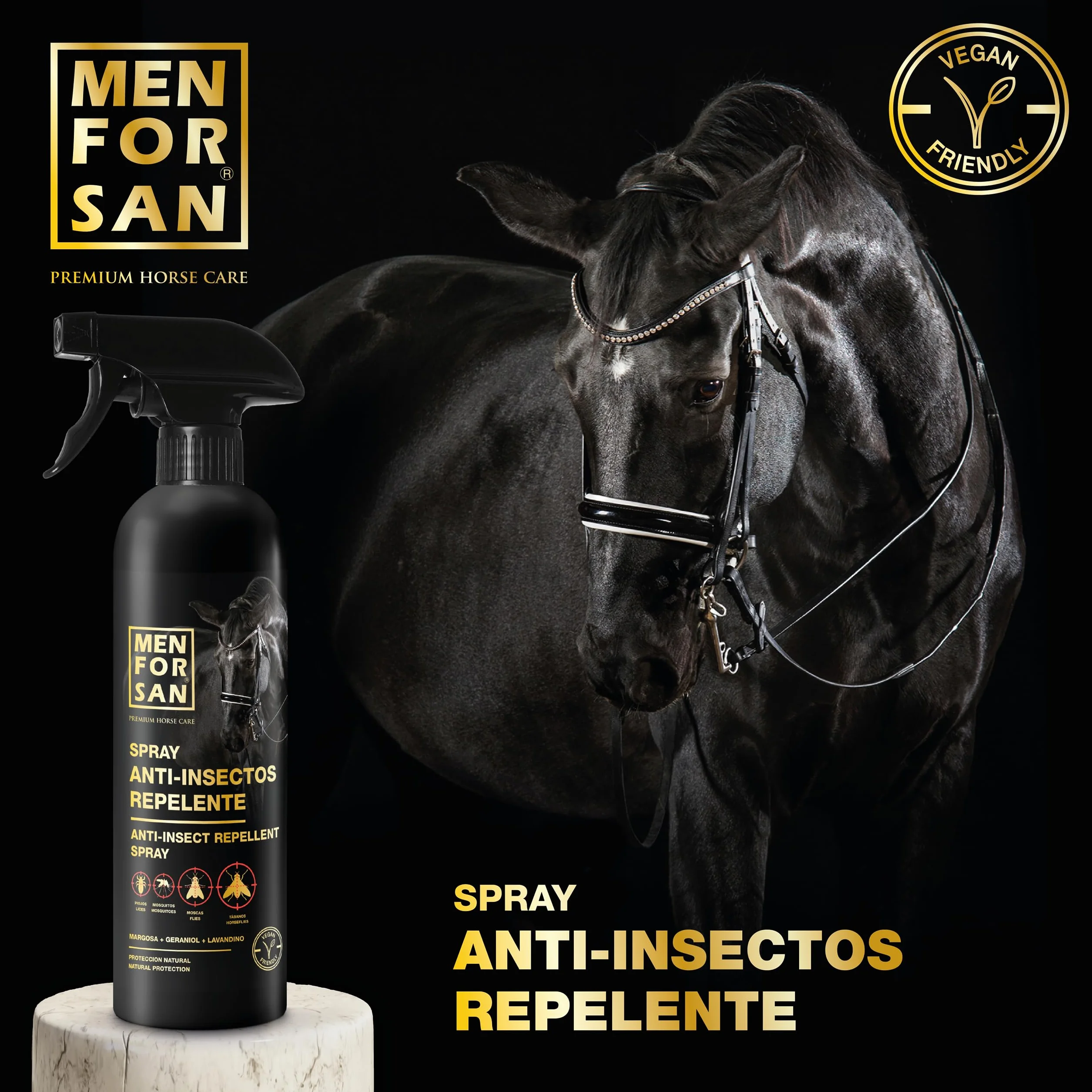 MENFORSAN Spray repelente de insectos para caballos, 500ml | con Margosa, geraniol y lavandino | Bio, 100% Natural
