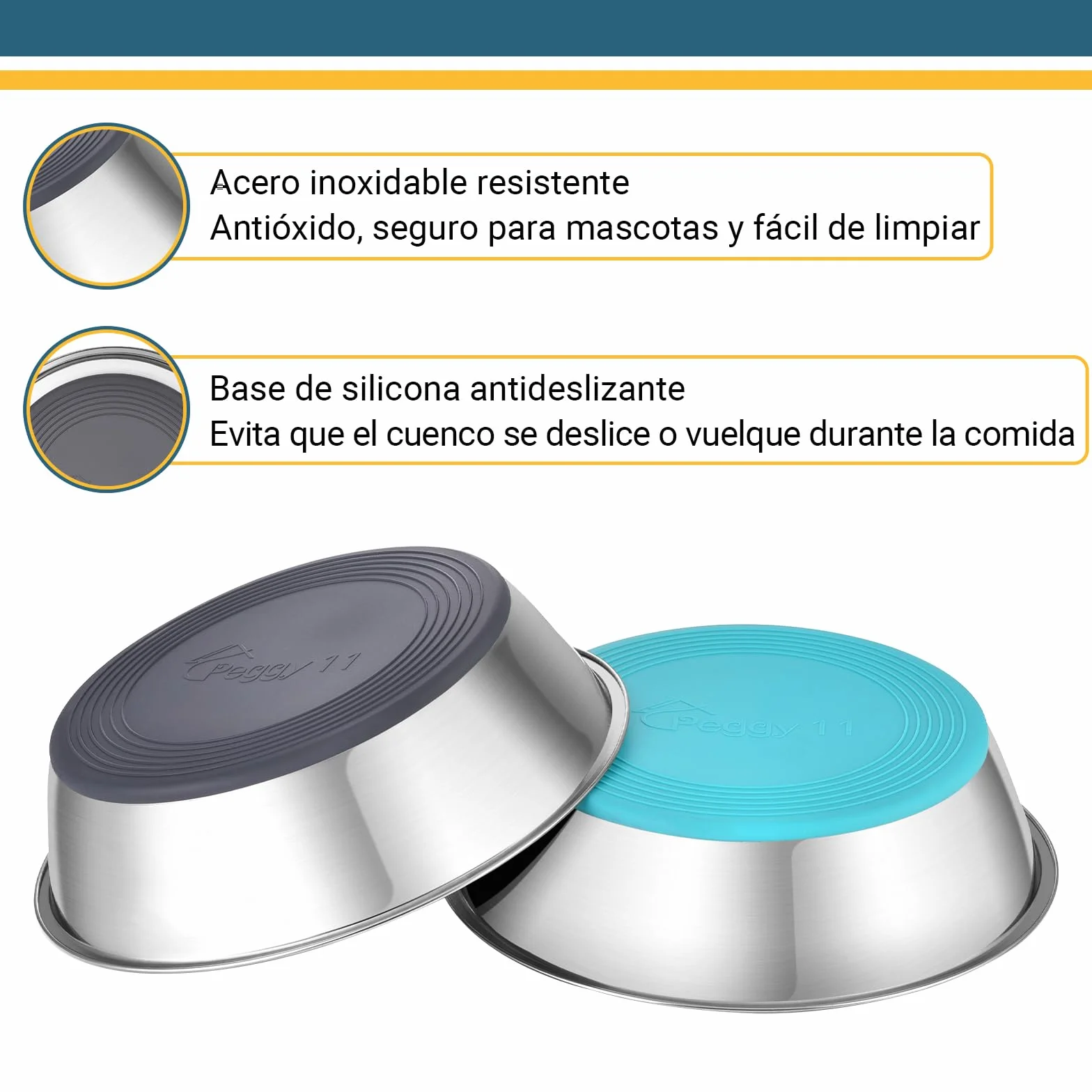 PEGGY11 Comederos para Perros de Acero Inoxidable, Cuencos Antideslizantes con Base de Silicona, 1440 ml, Pack de 2, para Perros Grandes