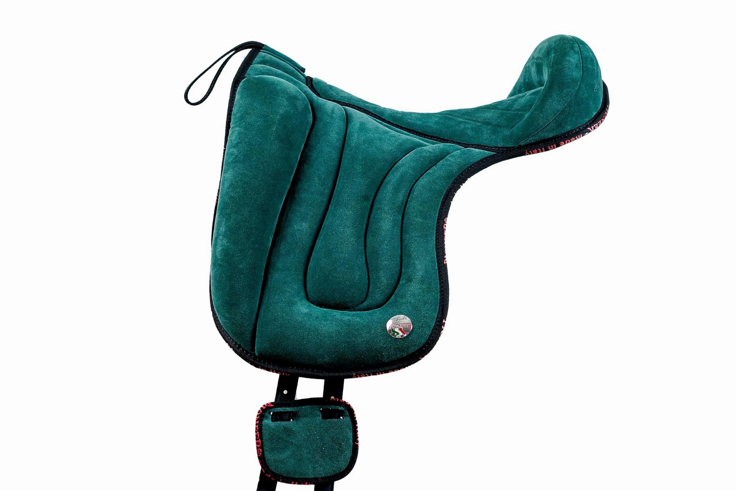 PIONEER Silla de Montar Caballo 50x45 en Piel de Ante - Silla de Equitación Bareback para Monta Natural, Hecha en Italia - Acolchado de Ovata y Espuma de Memoria - Cincha de Neopreno - Negro
