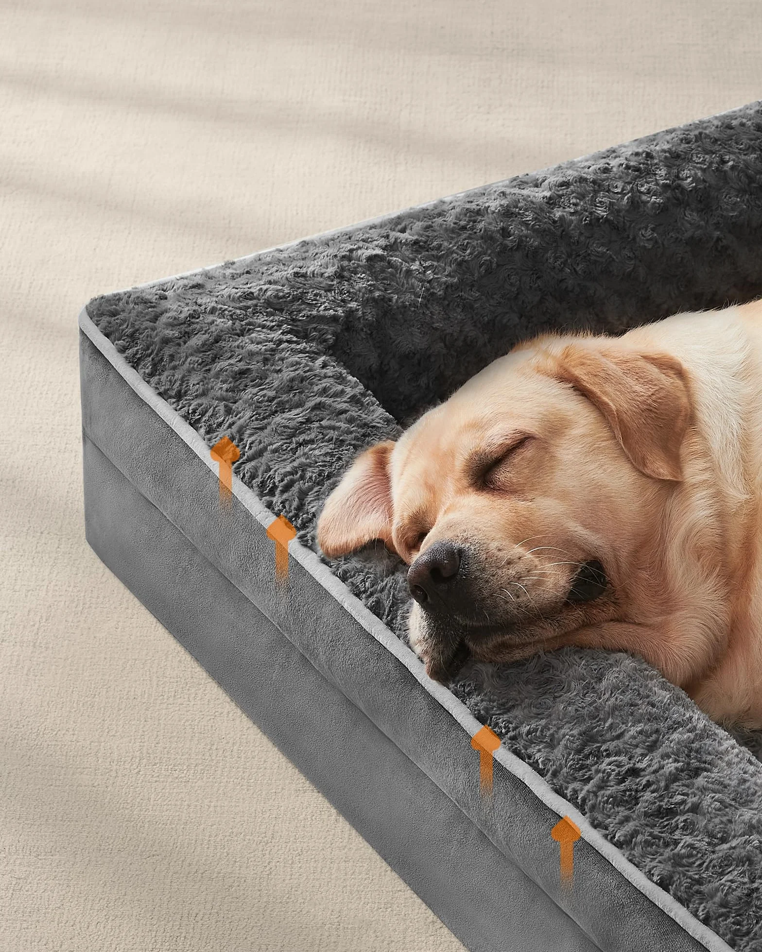 Feandrea Cama Perro Grande, Caseta para Mascotas, Ortopédica con Espuma Corrugada, Bordes Elevados Acolchados, Funda Extraíble Motivo Rosa Peluche, 122 x 89 x 18 cm, Gris Pizarra PGW254G02
