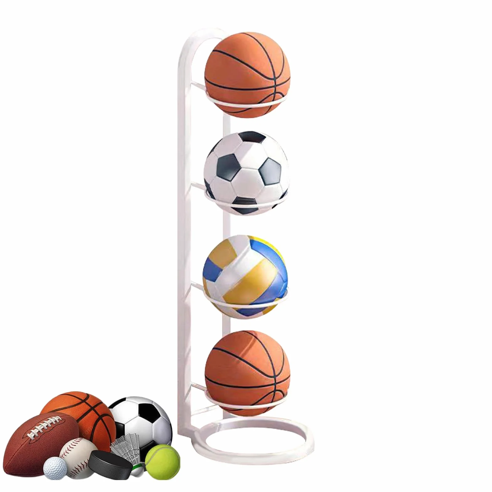 Estante De Bolas de 4 Niveles - Soporte Almacenamiento Vertical para Baloncesto, Fútbol y Voleibol