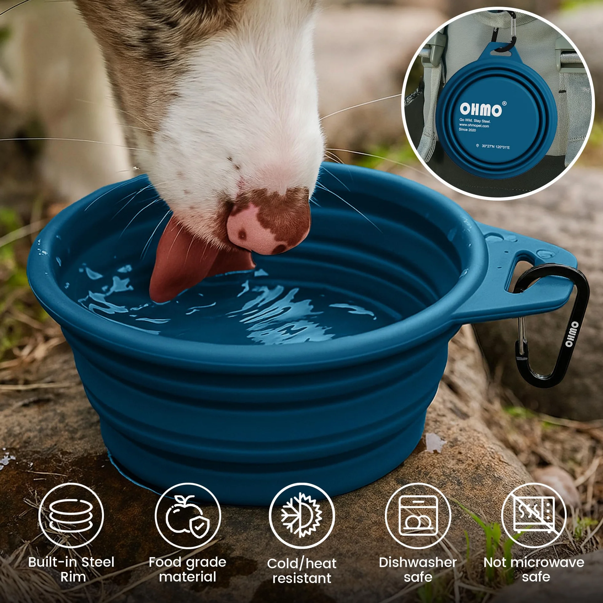 OHMO Bebedero Perro Portátil con Anillo de Acero Inoxidable Integrado (800ml, Azul Pavo Real), Cuenco Plegable de Agua de Silicona para Perros Medianos y Grandes, Cuencos Portátiles de Viaje Plegables
