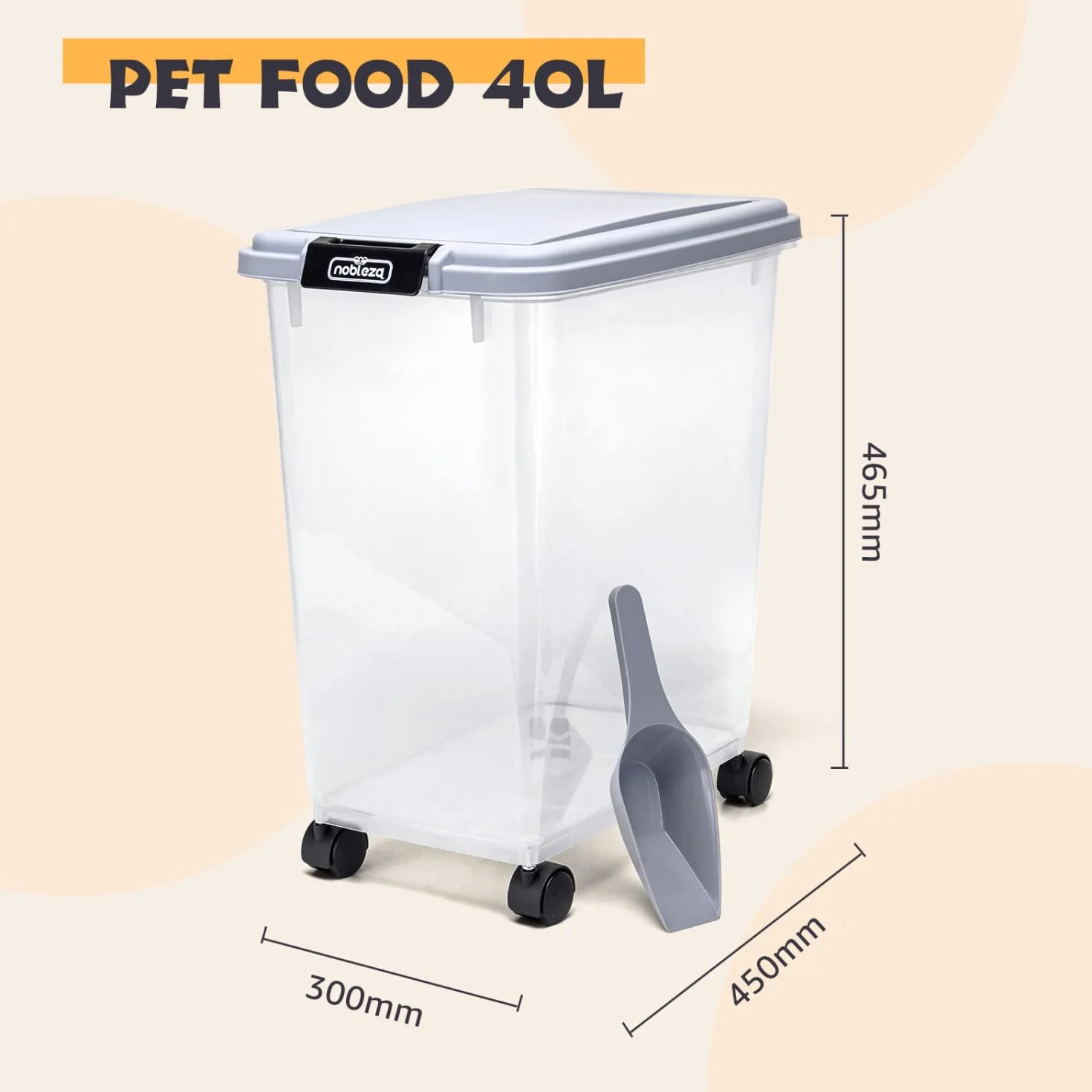 Nobleza - 2 Piezas Contenedor de Comida para Mascotas 40L, Mascotas Caja de Alimentos con Ruedas Contenedor, Tapa abatible, hermética, Transparente, Ruedas y Pala, para Comida para Perros y Gatos