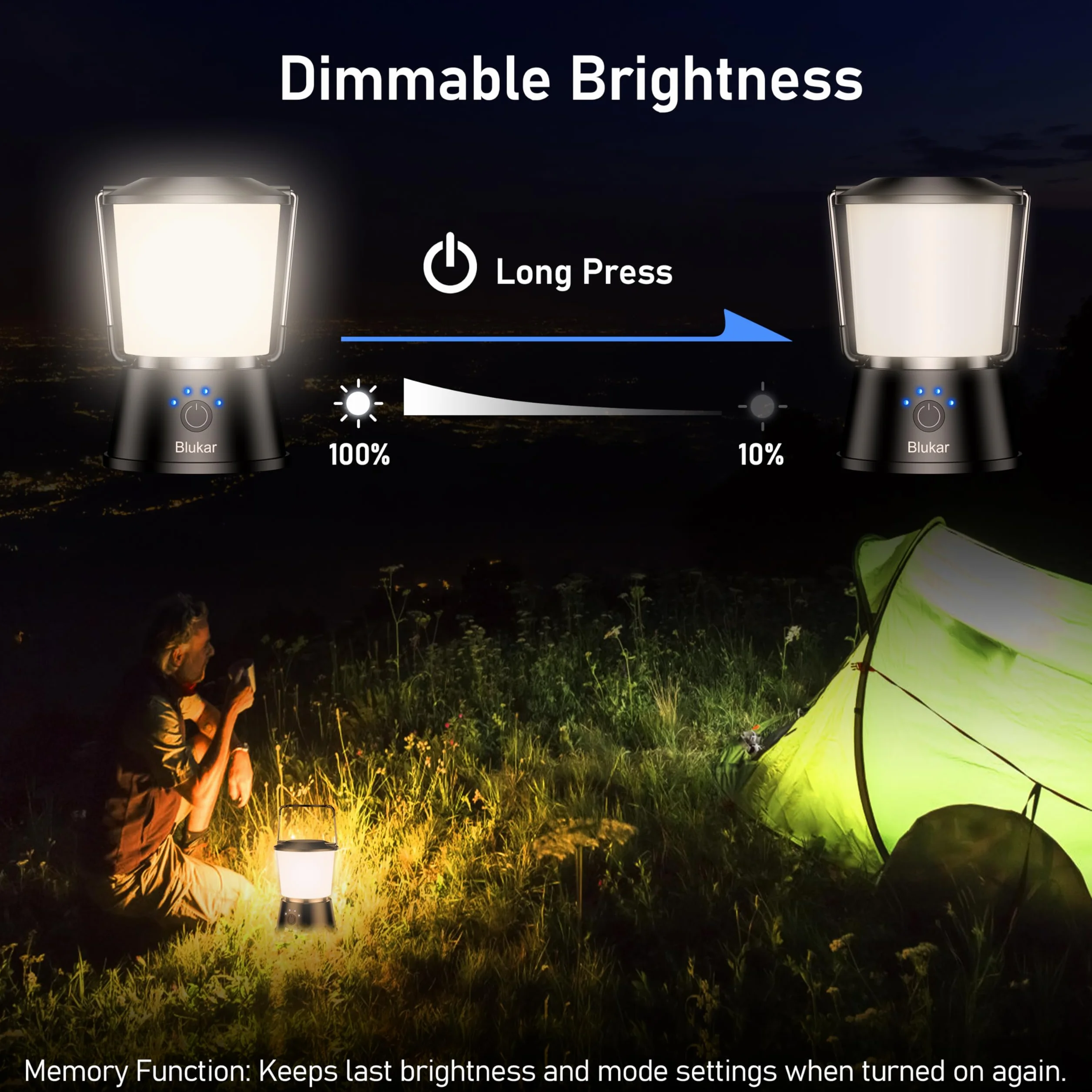 Blukar Lámpara Camping Recargable LED 5 Modos Iluminación Continua Portátil Superbrillante