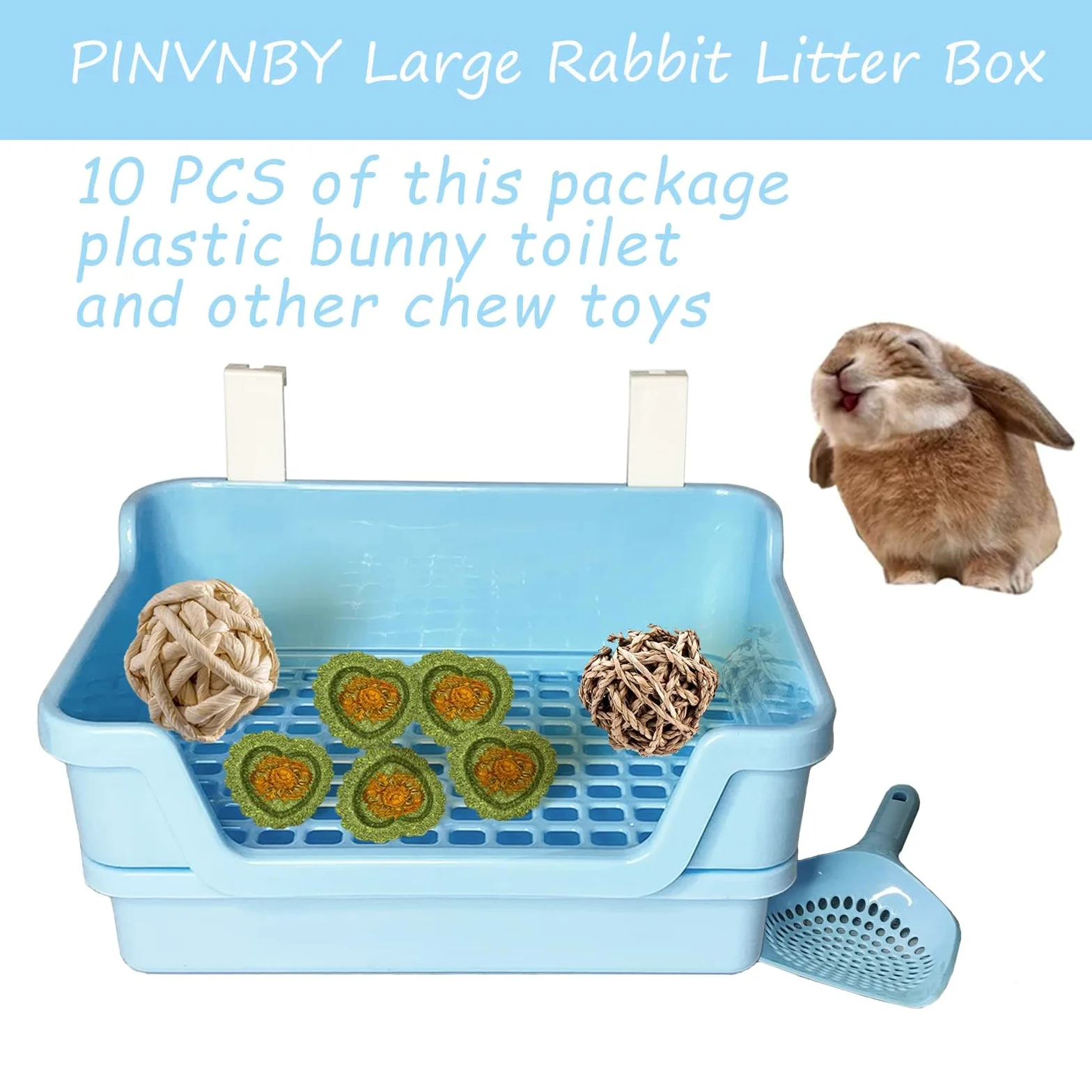 PINVNBY Caja de arena grande para conejos, caja de inodoro de esquina de conejo profundo, doble piso, entrenador de orinal con ganchos para adultos, conejillo de indias, chinchilla, hurón, ardilla