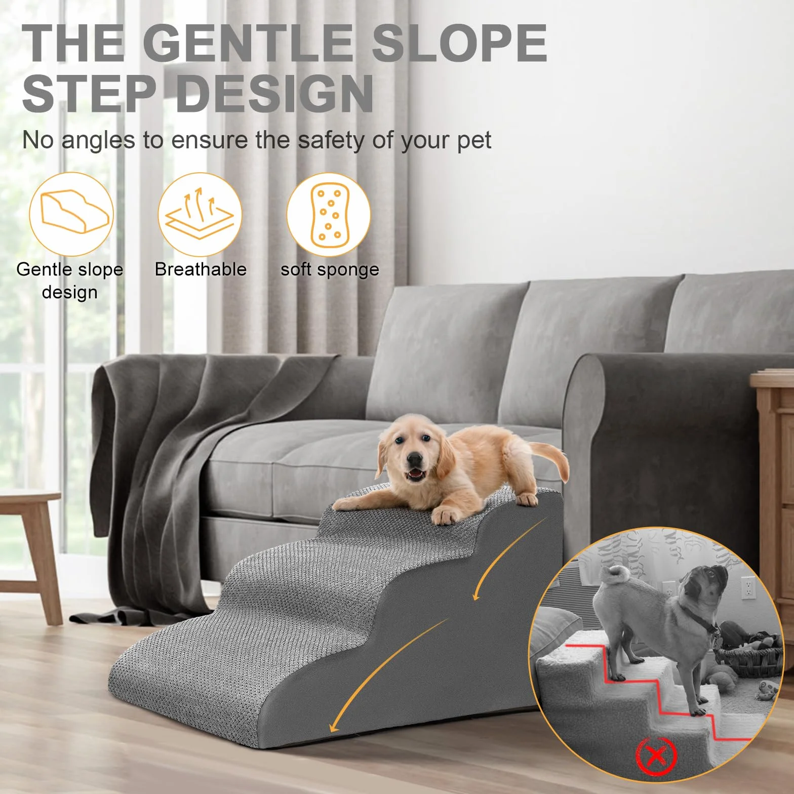 Lannvan Escalera para Perros, Escaleras para Mascotas de Espuma de 3 Escalones, Rampa para Perros Pequeños y Gatos con Funda Lavable, para Sofá o Cama, Enviar Rodillo de Pelusa, Gris