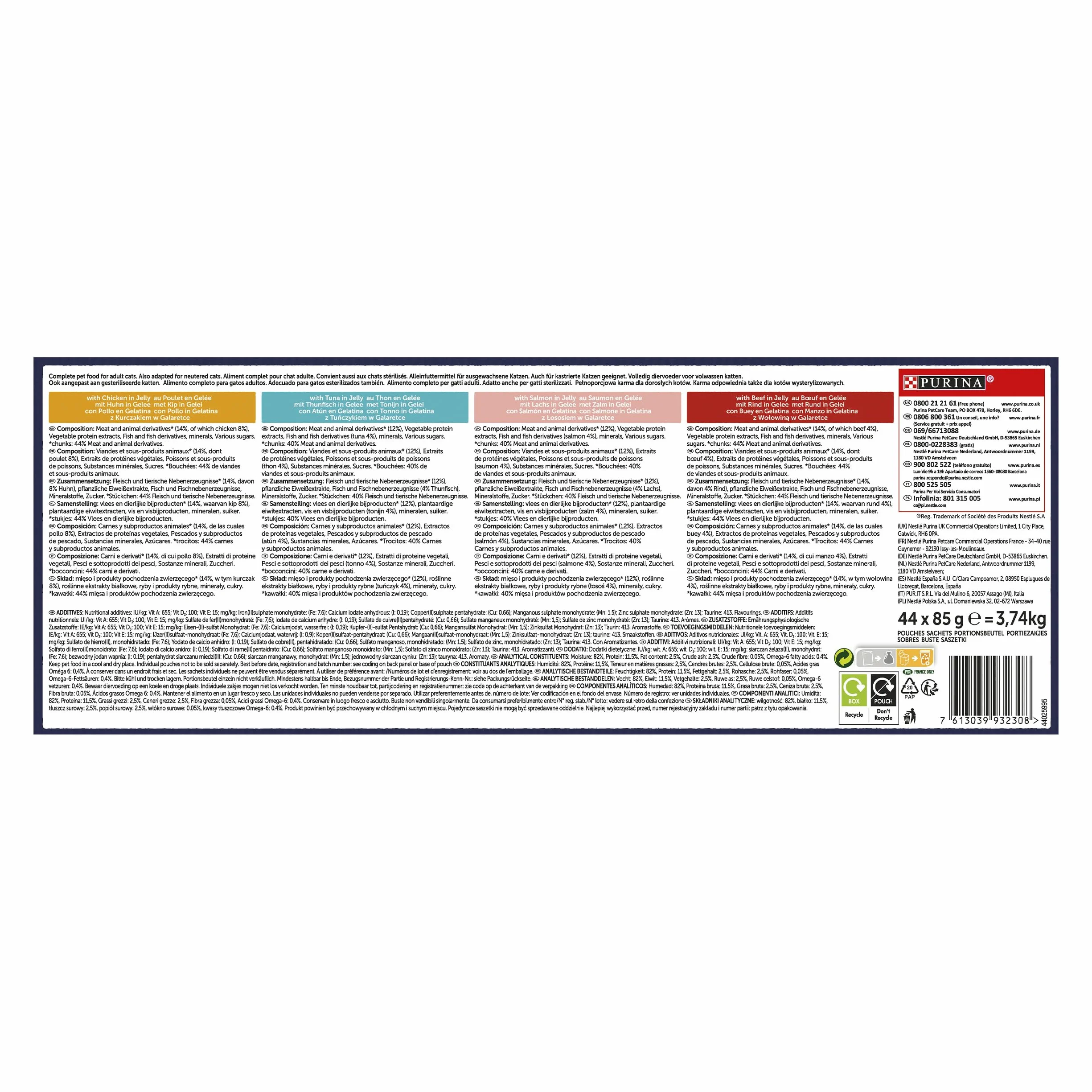 FELIX Comida Húmeda para Gato Adulto, Gelatina, Surtido Buey Pollo Salmón Atún, Pack 44 Sobres 85 g