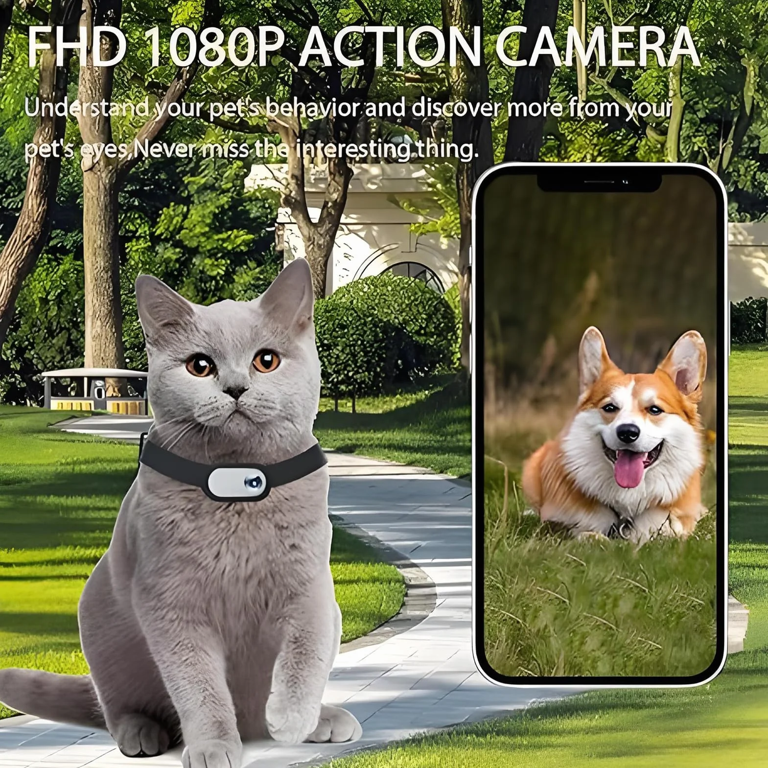 Denash Cámara para Collar para Mascotas, Pantalla LCD Recargable USB Gran Angular 1080P 170°, Cámara de Movimiento para Perros Gatos con 2-3 Horas de Tiempo de Trabajo, para Ciclismo de