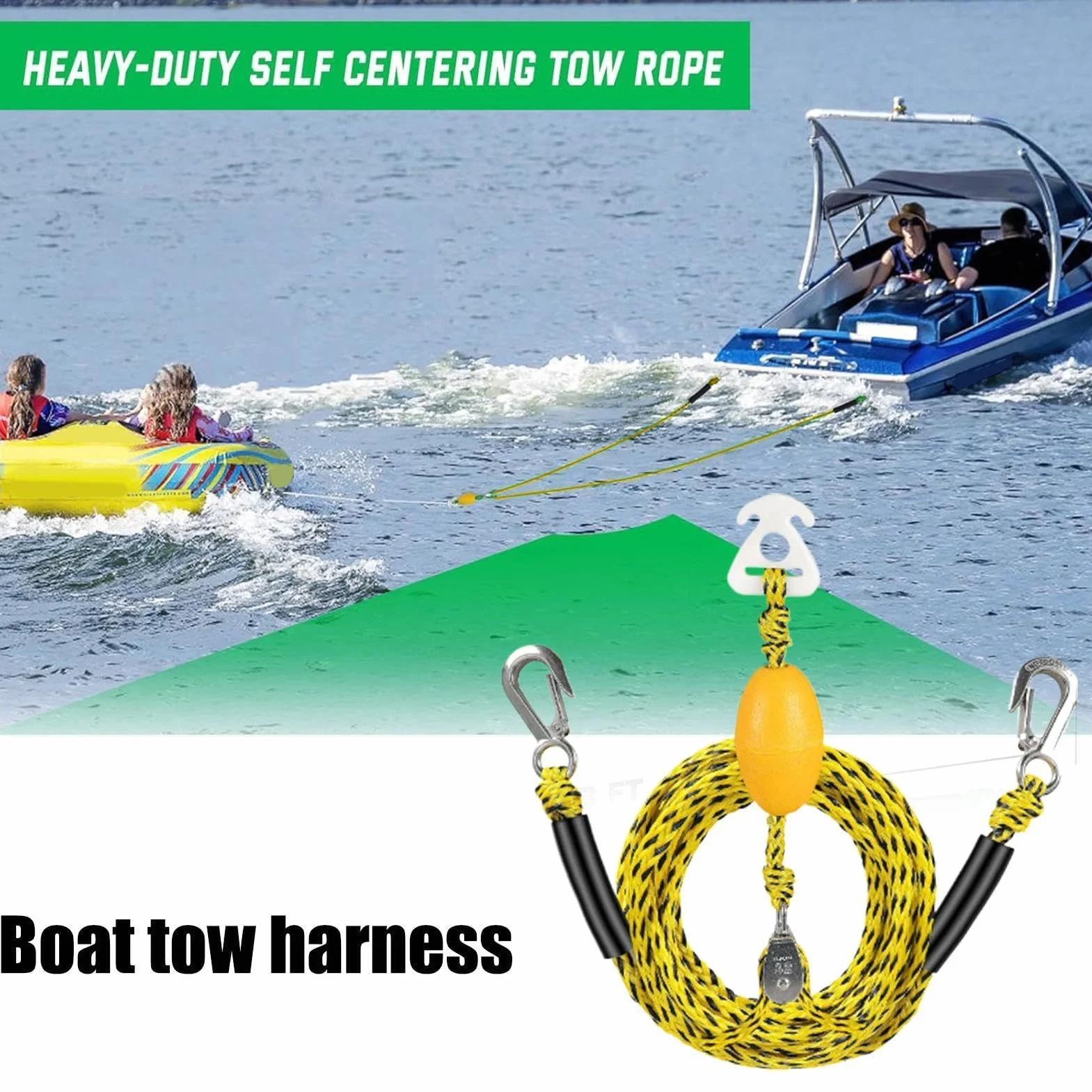 Cuerda Remolque para Tubing Y Cable Arrastre 4 Usuarios Gancho Polea Giratoria 360° Flotadores Inflables Deportes Acuáticos