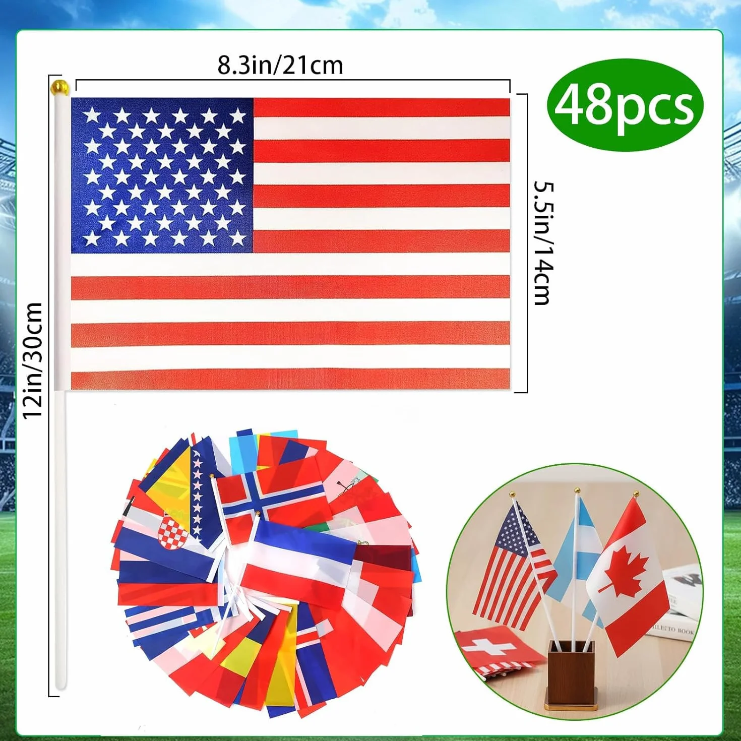 Bandera de Mano 14x21cm Copa del Mundo 2026 Fútbol 48 Países con Palo 30cm