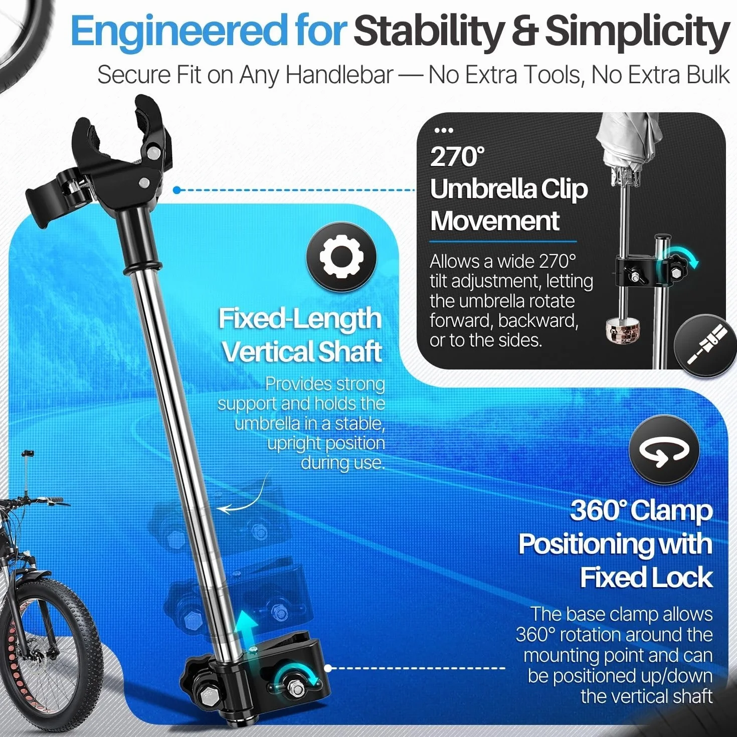 Flexzion Soporte para paraguas ajustable para bicicleta eléctrica, cochecito, carrito, silla de ruedas