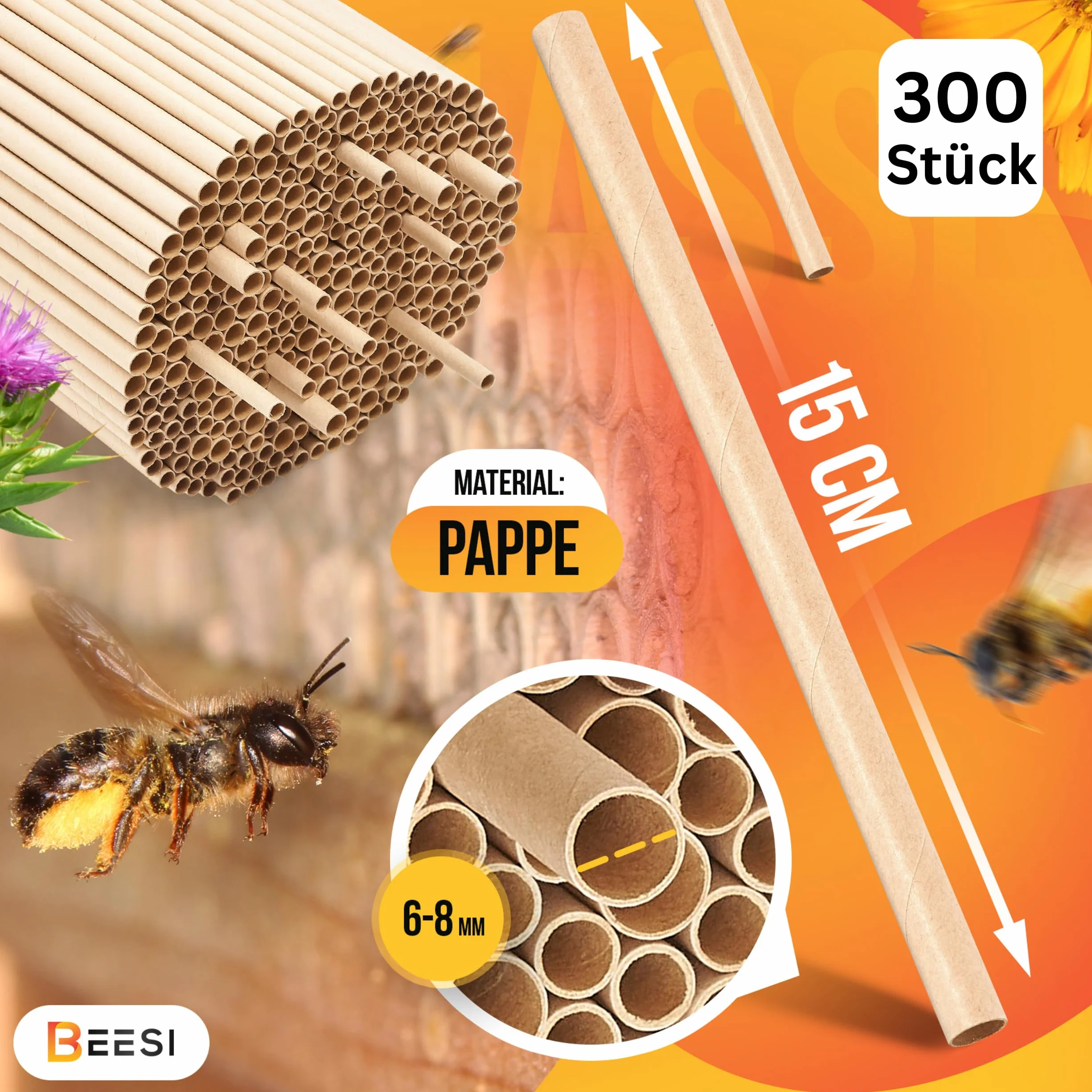 BEESI 300 casquillos de nido para hotel de insectos de 15 cm de largo, 6 y 8 mm de diámetro, mezclados, incluye libro electrónico de nido y tubos de cartón para abejas silvestres..