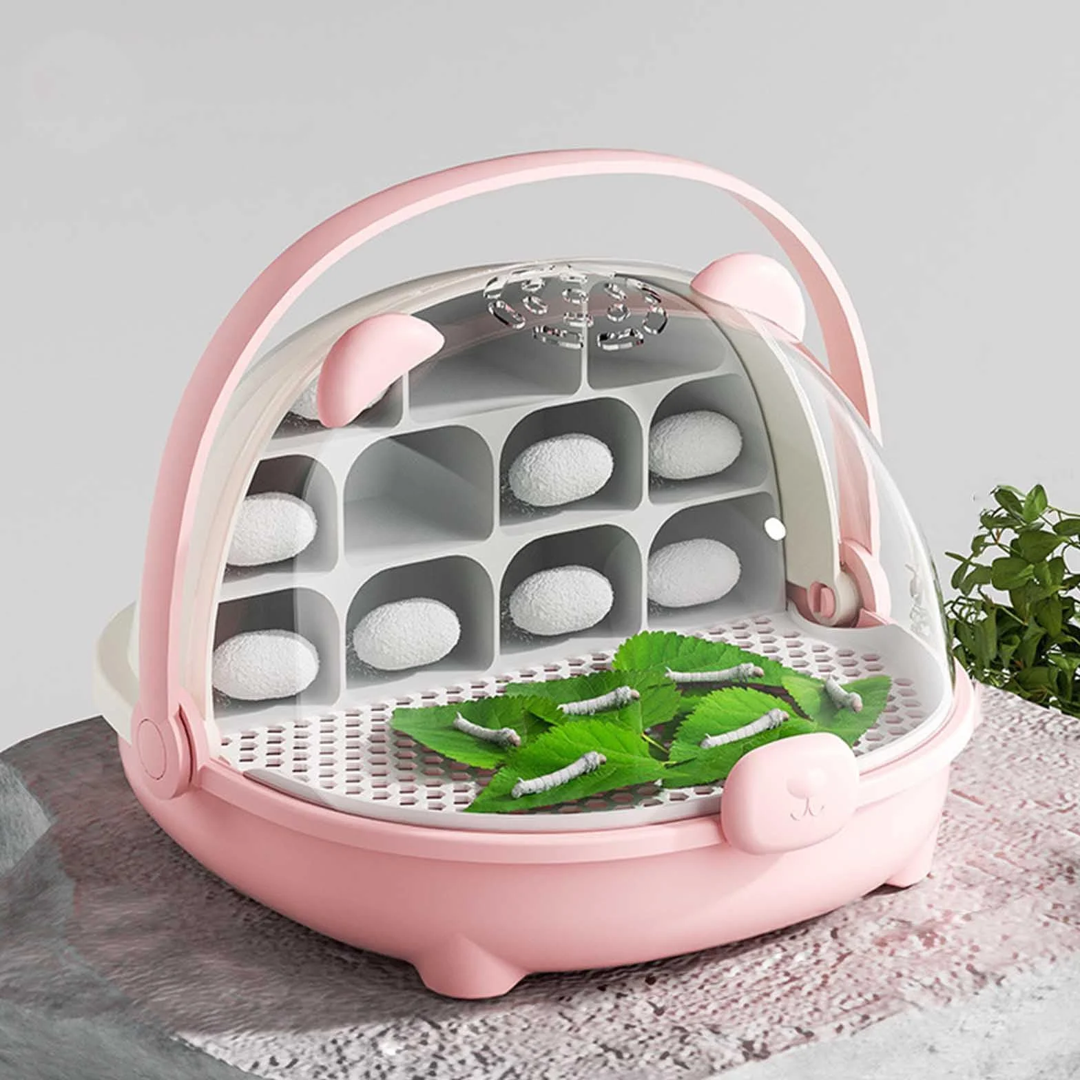 Caja de Crecimiento de Gusanos de Seda, cápsula Espacial para la cría de Gusanos de Seda, Tanque de Reptiles, Jaula de hábitat Animal,Caja de alimentación Transparente portátil con asa (Rosa)