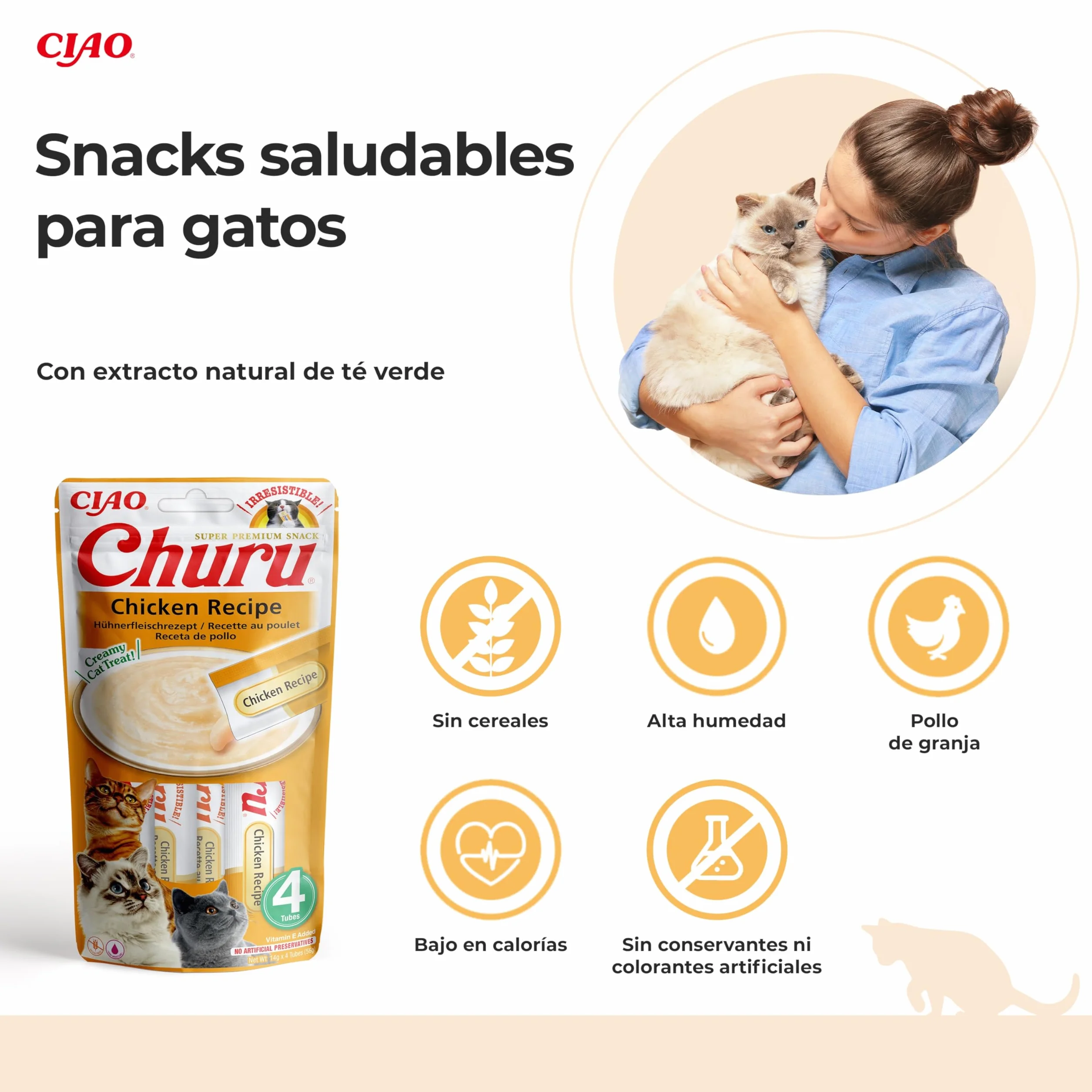 INABA Churu Gatos - Receta de Pollo - Snacks Saludables - Premios con Textura Cremosa - Sin Cereales, Sin Conservantes, Sin Colorantes - Sólo 6 Cal - 56g (4x14g)