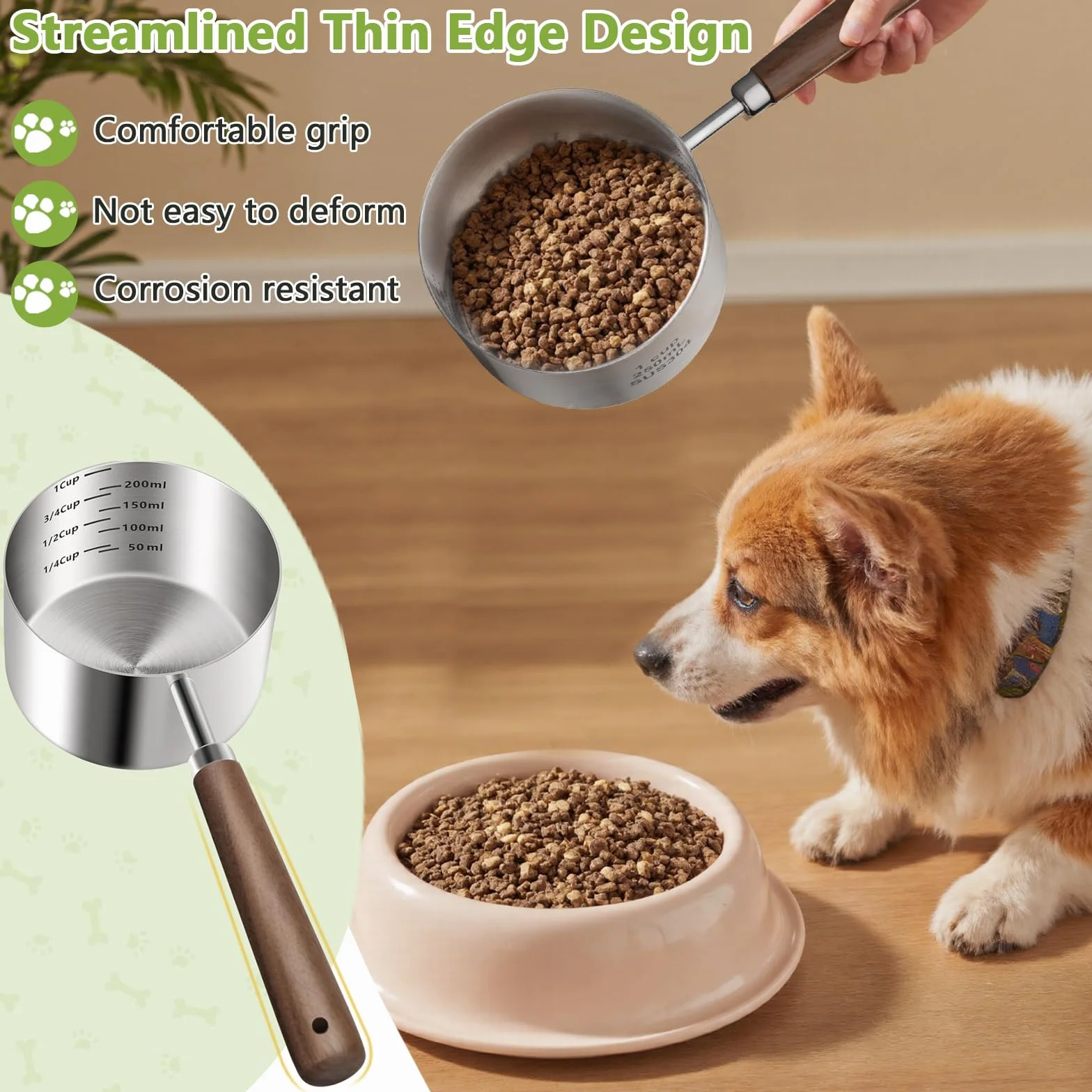 Cuchara de comida para perros y gatos, 1 taza, taza medidora de acero inoxidable 304 con mango largo de madera, cuchara duradera para perros, gatos, conejos, fácil de limpiar con marcas de