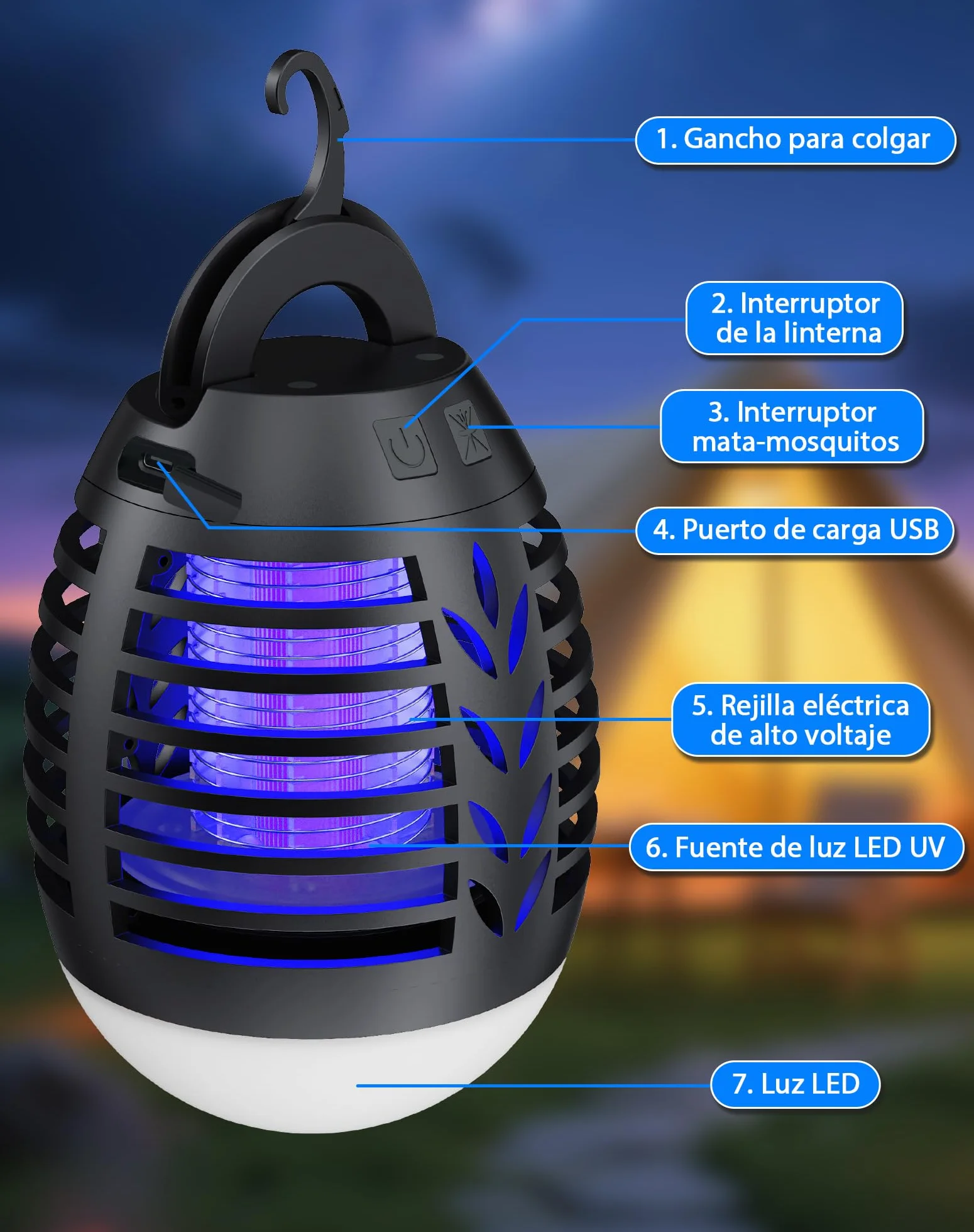 Lámpara Antimosquitos 2 en 1 LED USB Recargable IP66 Impermeable UV para Exterior Camping