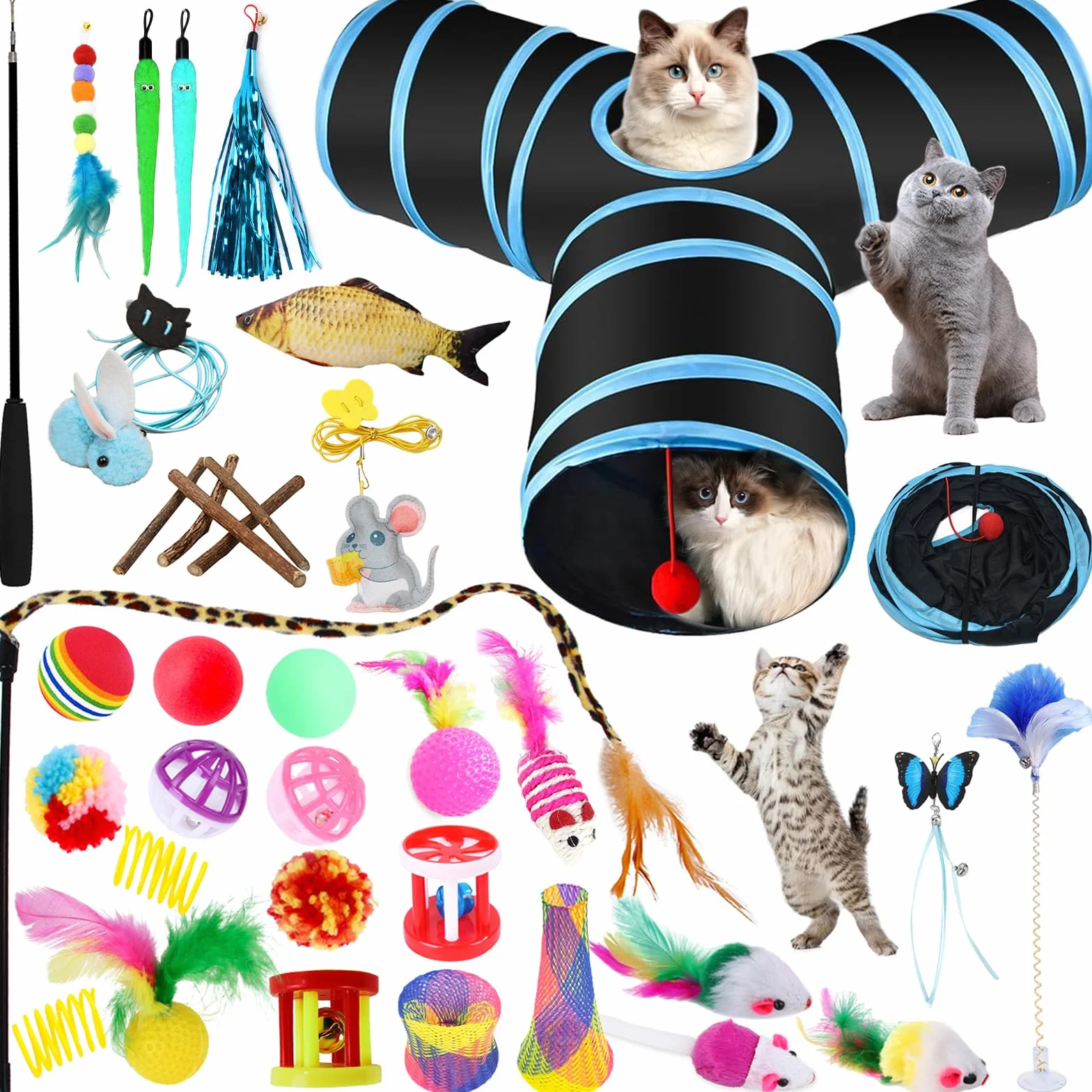 Juguetes para Gatos, 38 Piezas Set, Palo de Gato Divertido, Ratones, Hierba Gatera, Peces, Tumbler, Bolas y Campanas