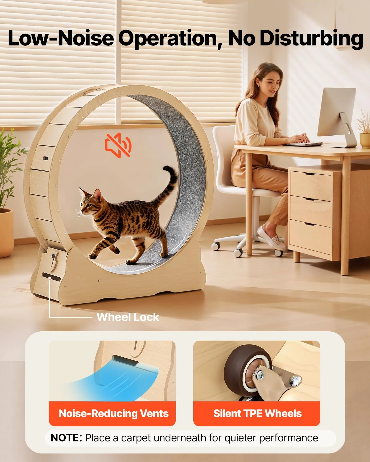 VEVOR Rueda de Ejercicio para Gatos, Diámetro Interior de 1080 mm, para Gatos de 8,6 a 12,7 kg, con Superficie de Alfombra y Mecanismo de Bloqueo, Ruedas Silenciosas de TPE, 1200 x 340 x 1275 mm