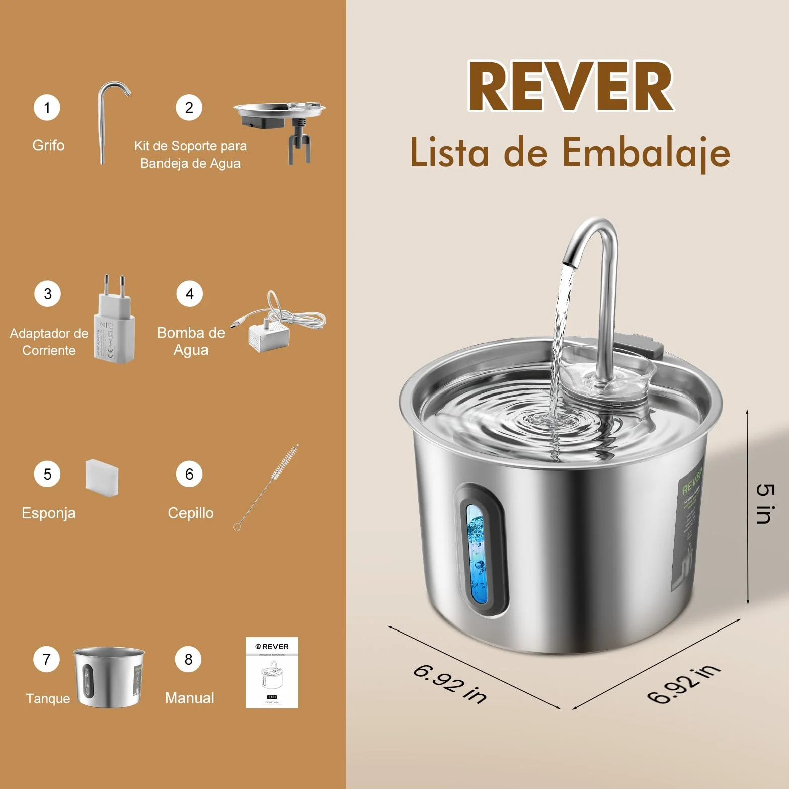 Fuente para Gatos Acero Inoxidable 2,2 L – Rever E101 Fuente de Agua para Gato con Ventana Visible y Bomba Ultra-silenciosa, Sistema de Multi-filtración, Bebedero Gatos y Animales Pequeños (Plata)