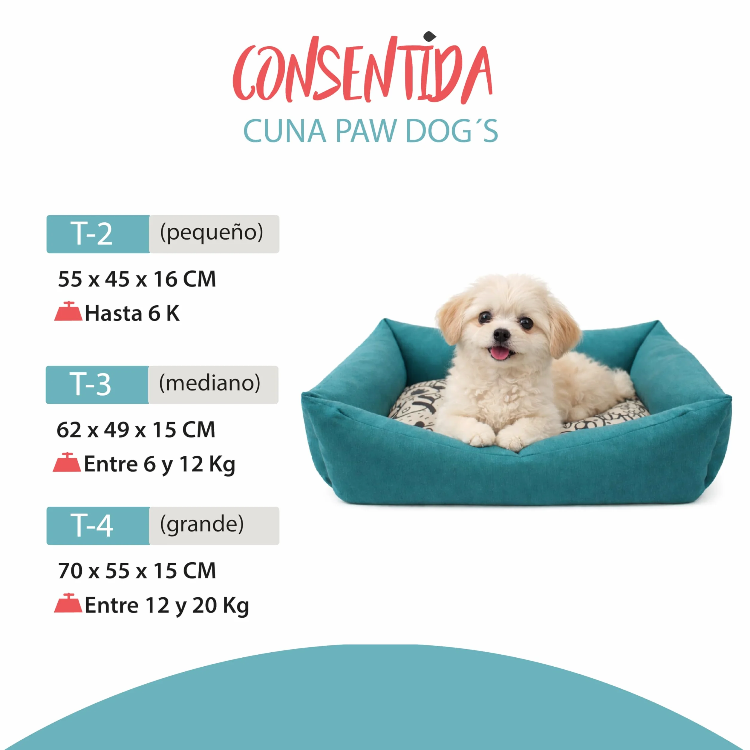 Cama para Perros Pequeños DOG'S T-2 de Loneta Resistente -55x45x14 cm. Descanso Ergonómico y Relajante para tu Mascota. Sofá con Funda Extraíble Lavable con Relleno Reciclado, Azul Turquesa