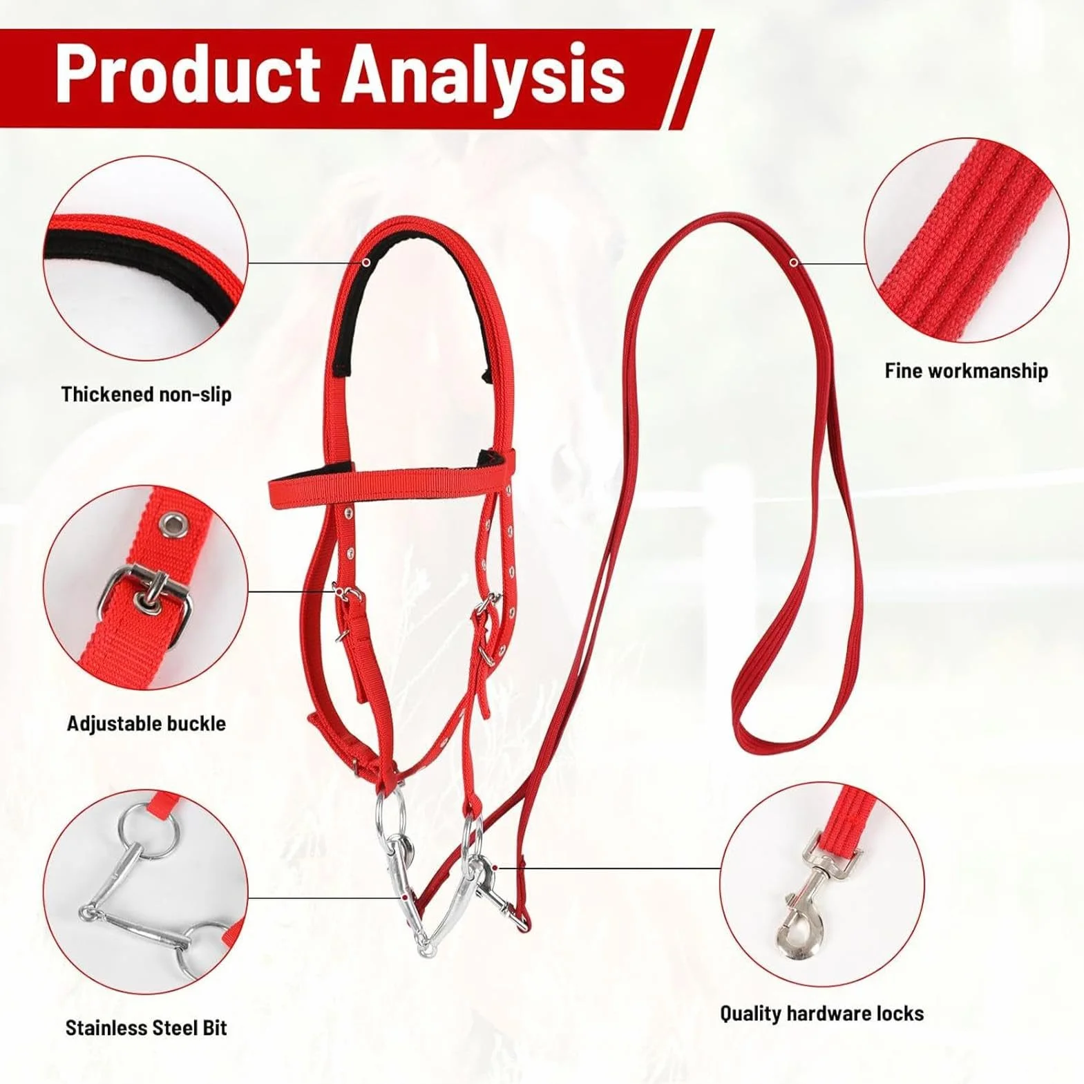 Rein para caballos, cabezal para caballos - Horse Bridle Tracked Rope Headstall ajustable - Cordera del rancho del arnés, brida de rein animal de seguridad para conducción estable, suministros equinos