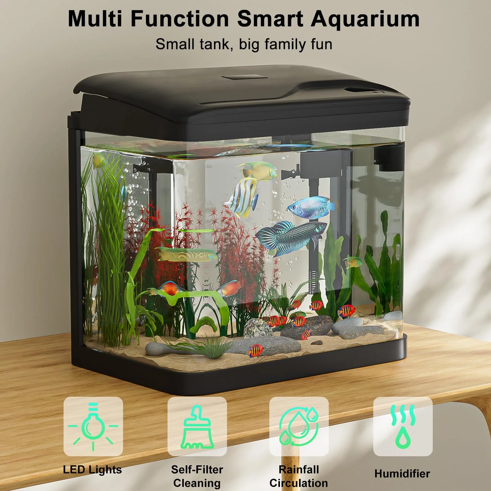 10L Acuario de Cristal, Ambesty Acuarios y Peceras Completas,Pecera con Sistema de Filtrado Integrado e Iluminación LED,Bajo Ruido y Silencioso,Acuarios de Iniciación, Negro