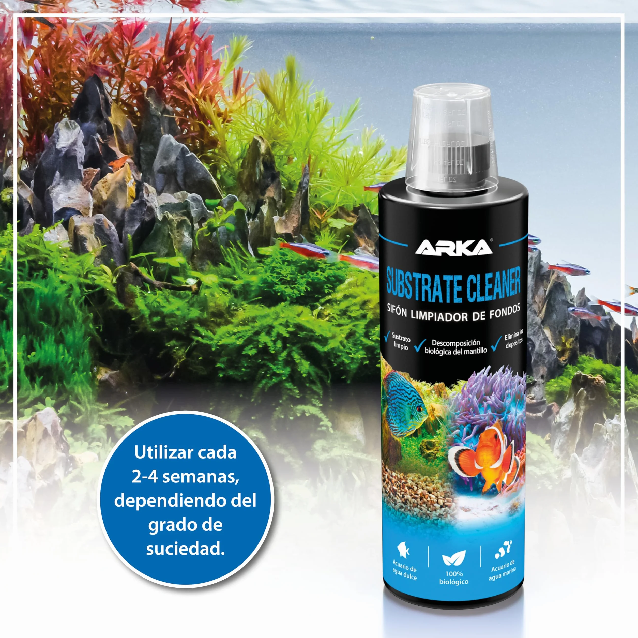 Limpiador Fondo Acuario 236 ml – ARKA Substrate Cleaner – 100% biológico con bacterias vivas – Elimina Lodo, restos y Suciedad – sin sifón ni Tubo – Agua Clara en Dulce y Marino