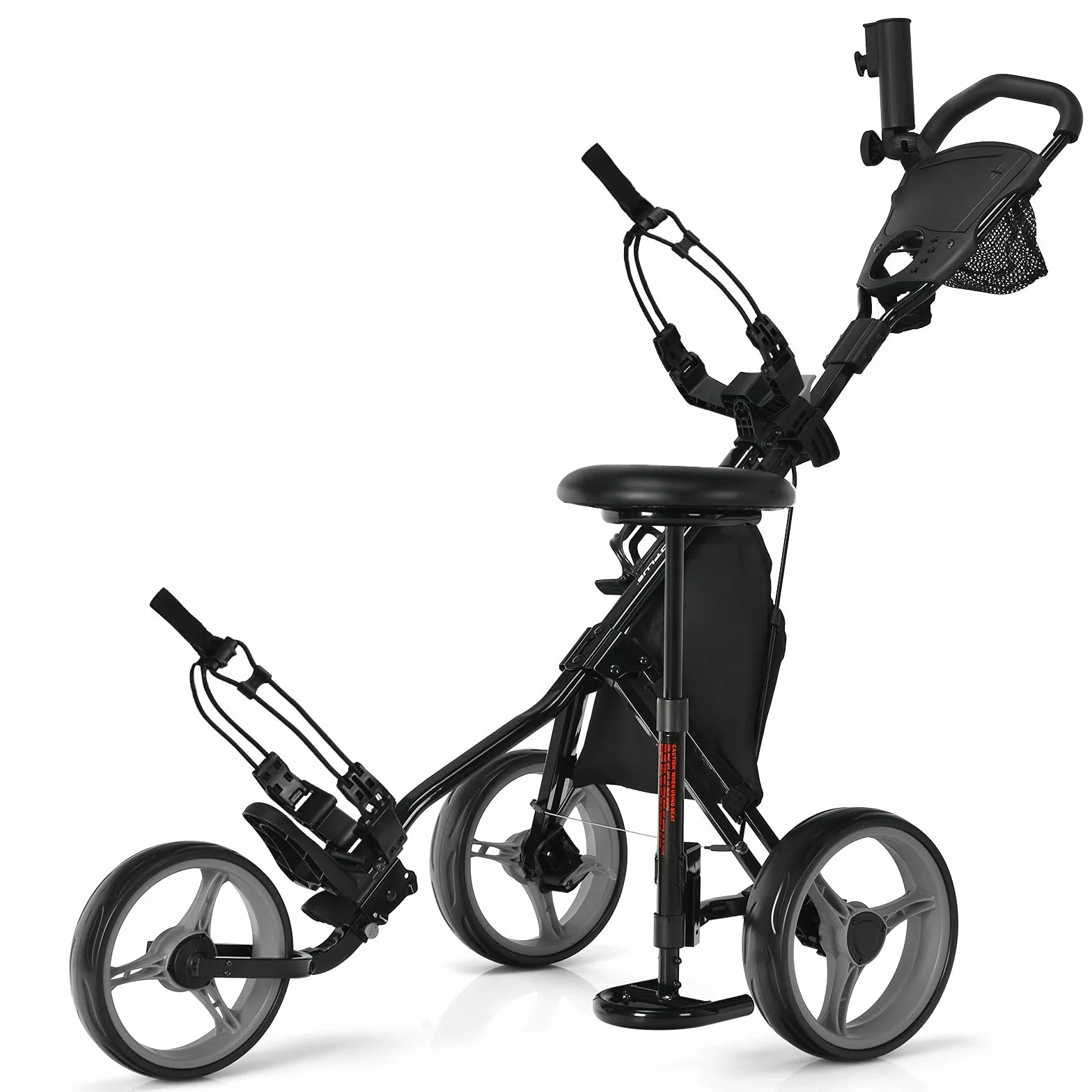 GYMAX Carro de Golf Plegable 3 Ruedas con Altura Ajustable y Portabebidas