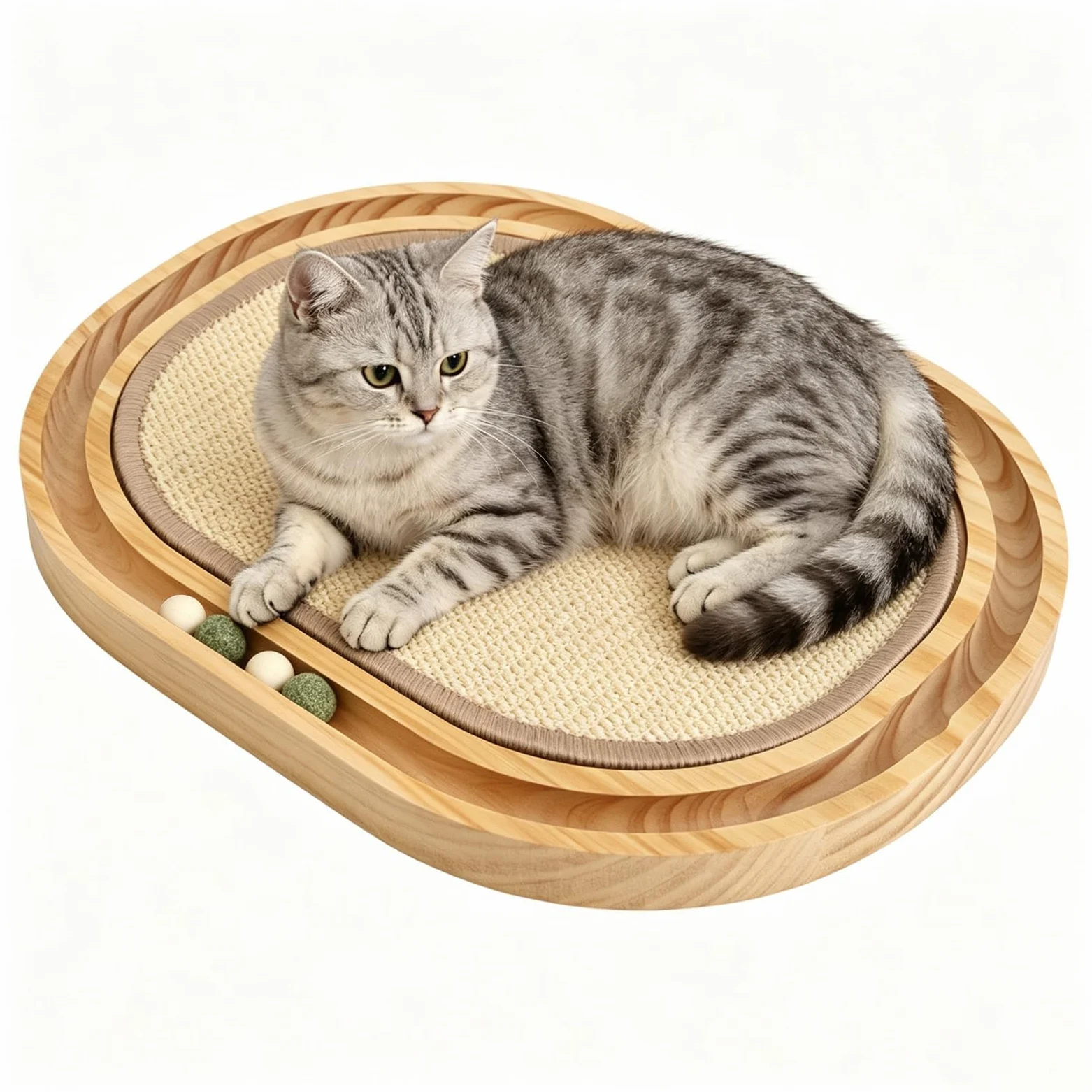 HLSM KJ - Rascador de sisal para gatos, almohadilla rascadora de sisal Natu, bola de juguete interactiva de madera para gatos, bola de hierba gatera, para perseguir gatos, caza, rompecabezas de