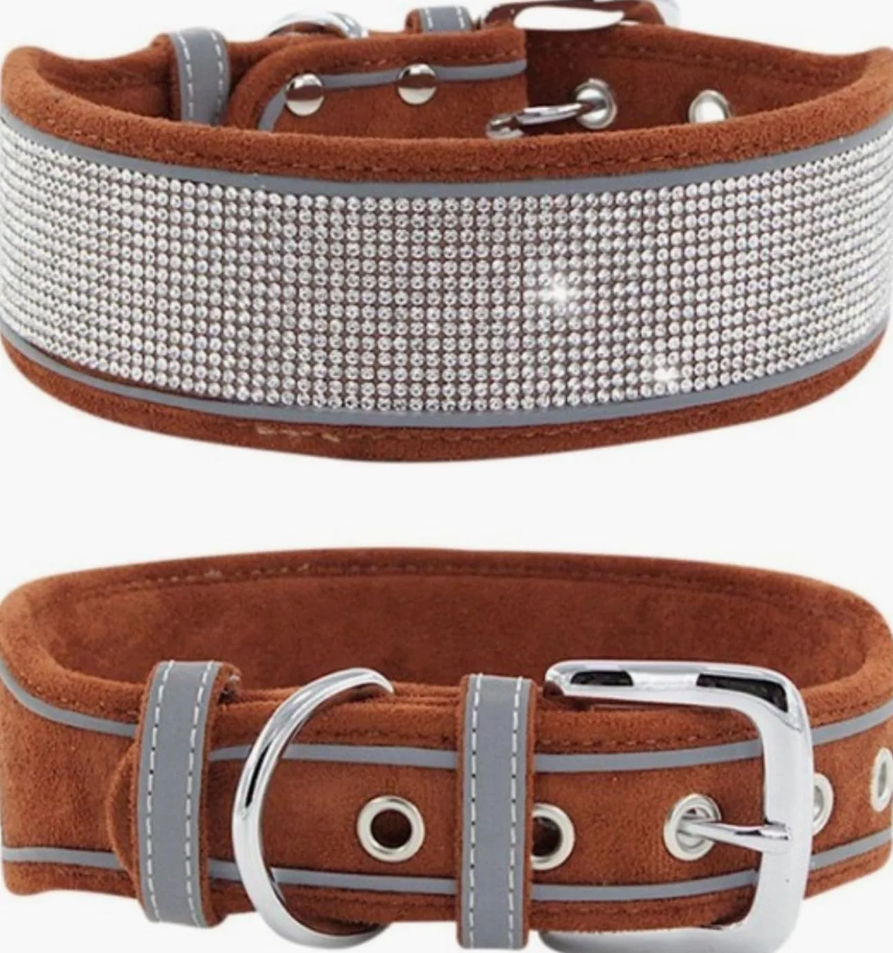 Collar de Lujo con Diamantes de imitación, Suave, Ajustable, Personalizado, Reflectante, Ancho y Brillante, for Perros pequeños y medianos. ，Collar de Perro(Brown,L)