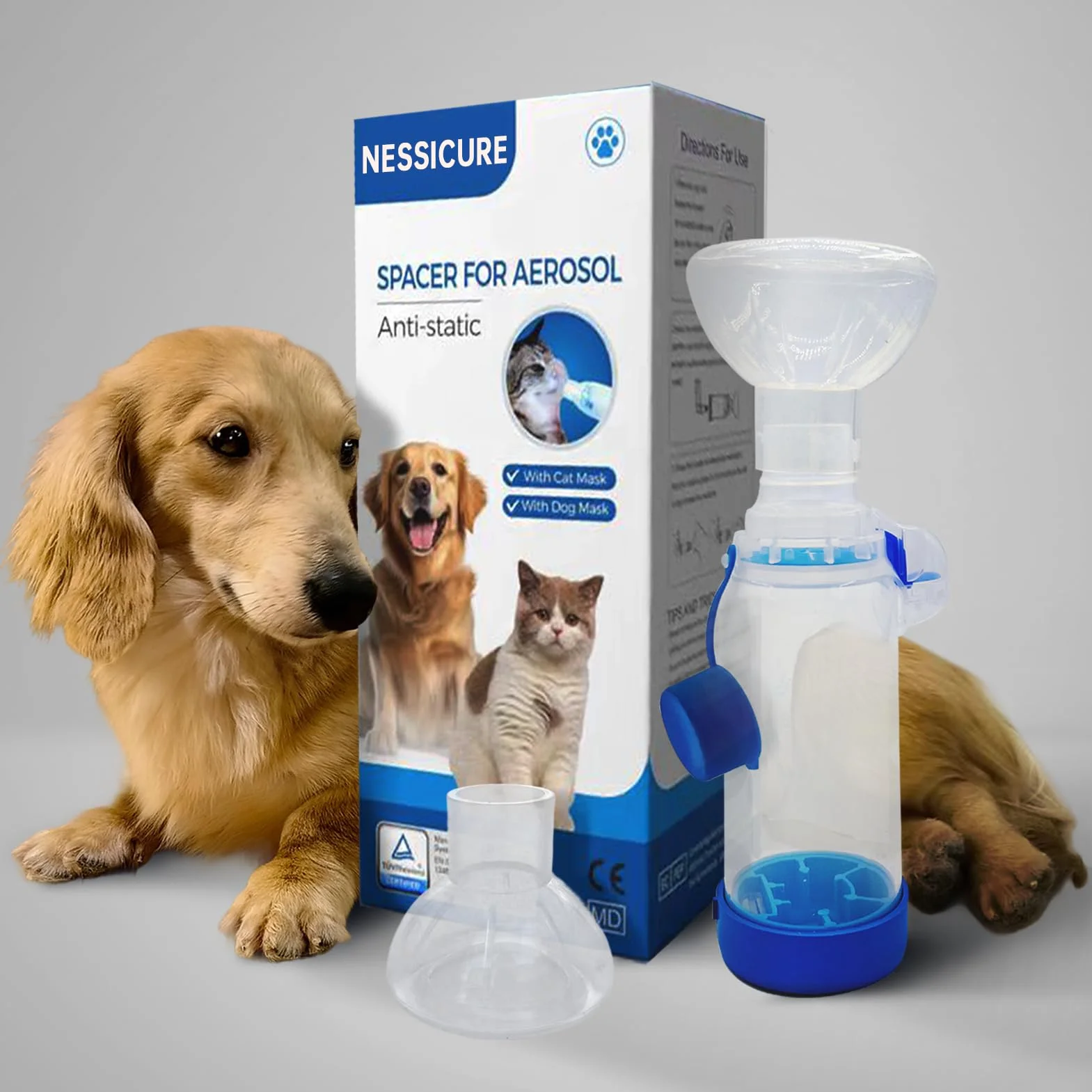cámara de inhalación para Gatos o Perros con máscaras de 2 tamaños, cámara de Aerosol con indicador de Flujo de respiración, Compatible con Cualquier MDI