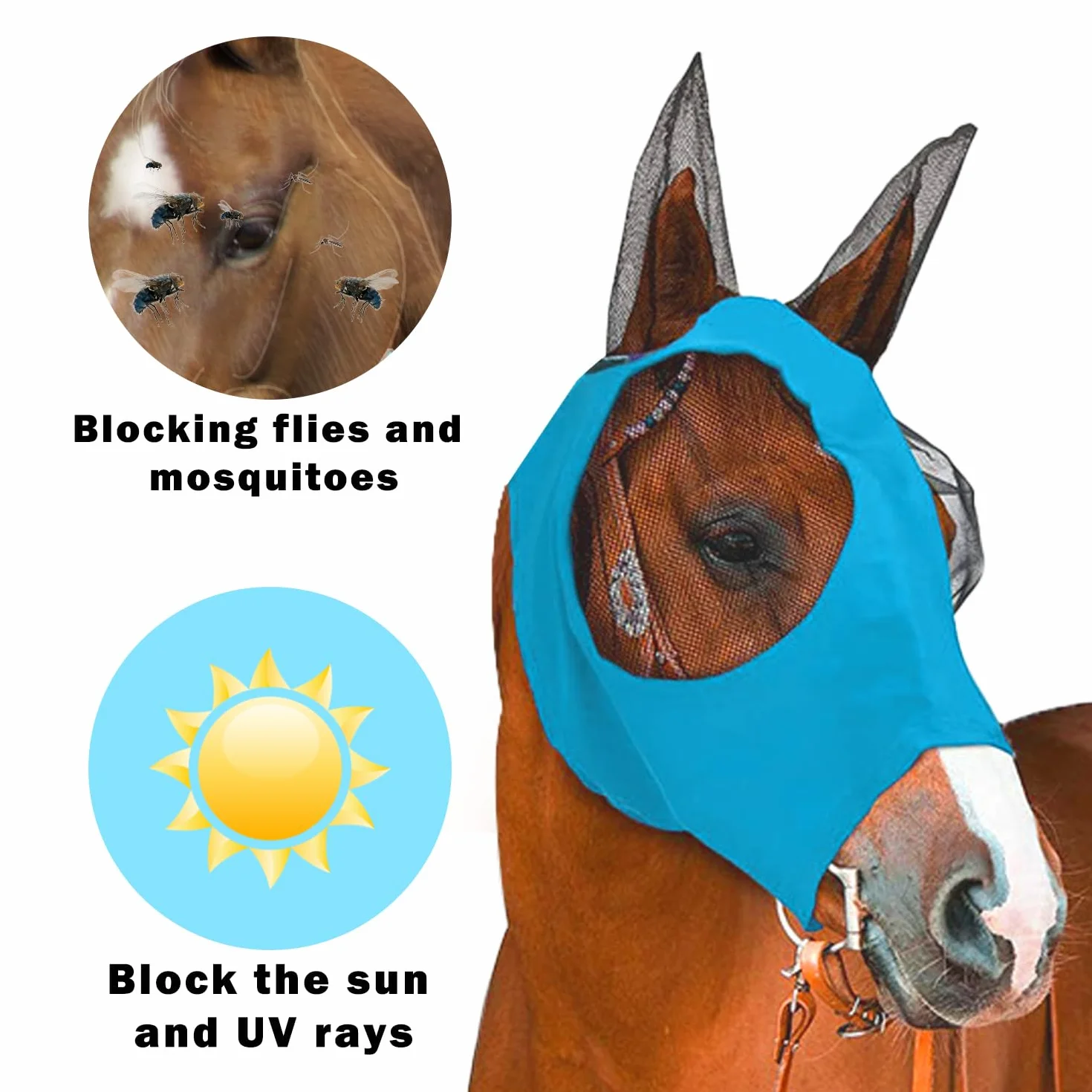 Máscara para Moscas de Caballos, Antimoscas con Cubiertas para los Oídos, Anti-UV, Reutilizable (Azul)