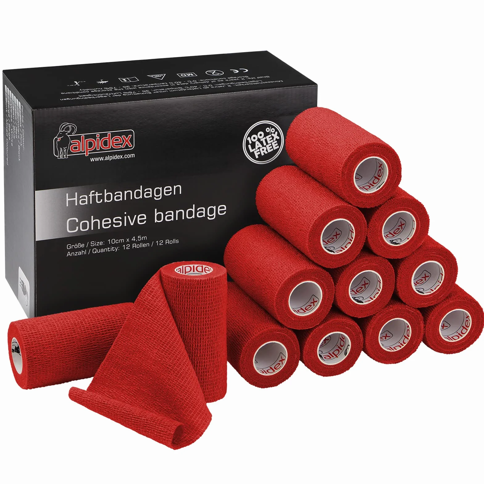 ALPIDEX 12 Rollos Venda Adhesiva 10 cm x 4,5 m Cohesiva Deportiva Autoadhesiva Rojo