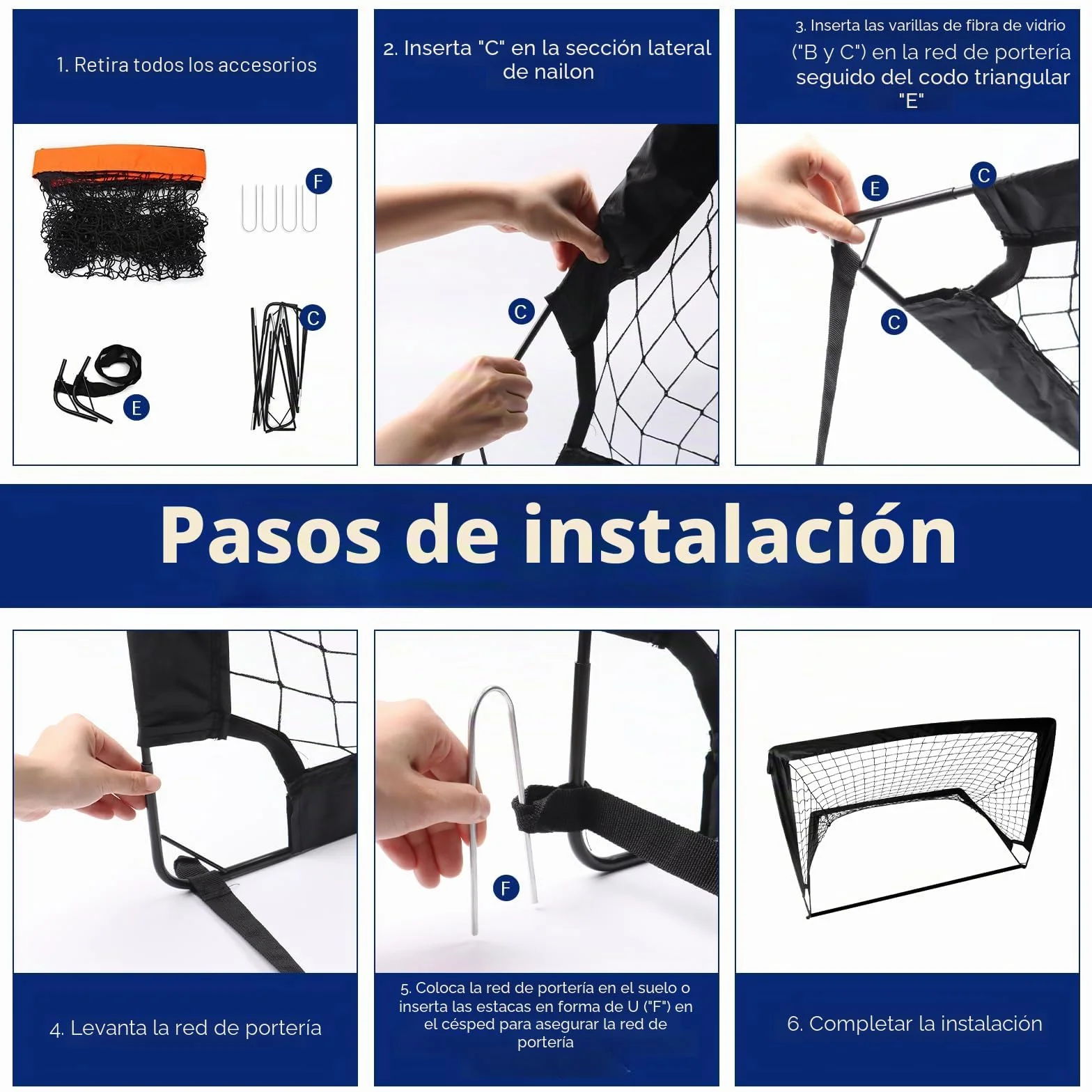Portería de fútbol plegable 2 unidades con barras de fibra de vidrio y bolsa de transporte