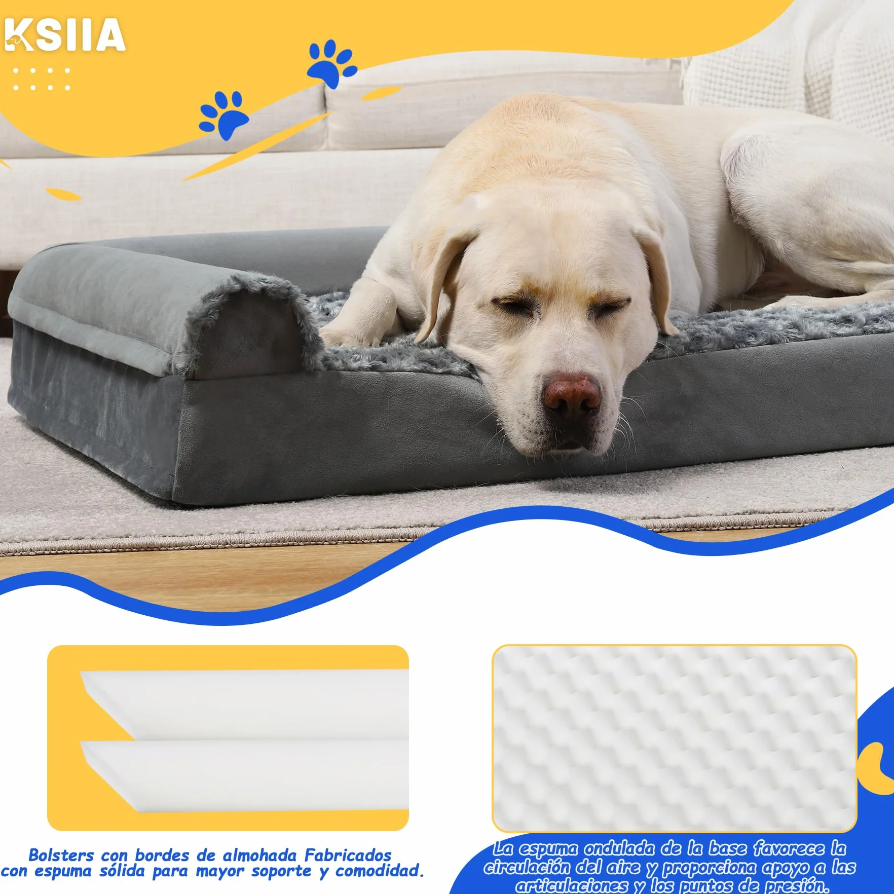 KSIIA Cama Perro Grande, Cama Ortopédica para Perros (105x70x18cm) Desenfundable y Lavable, Sofá para Perros, Gris XL