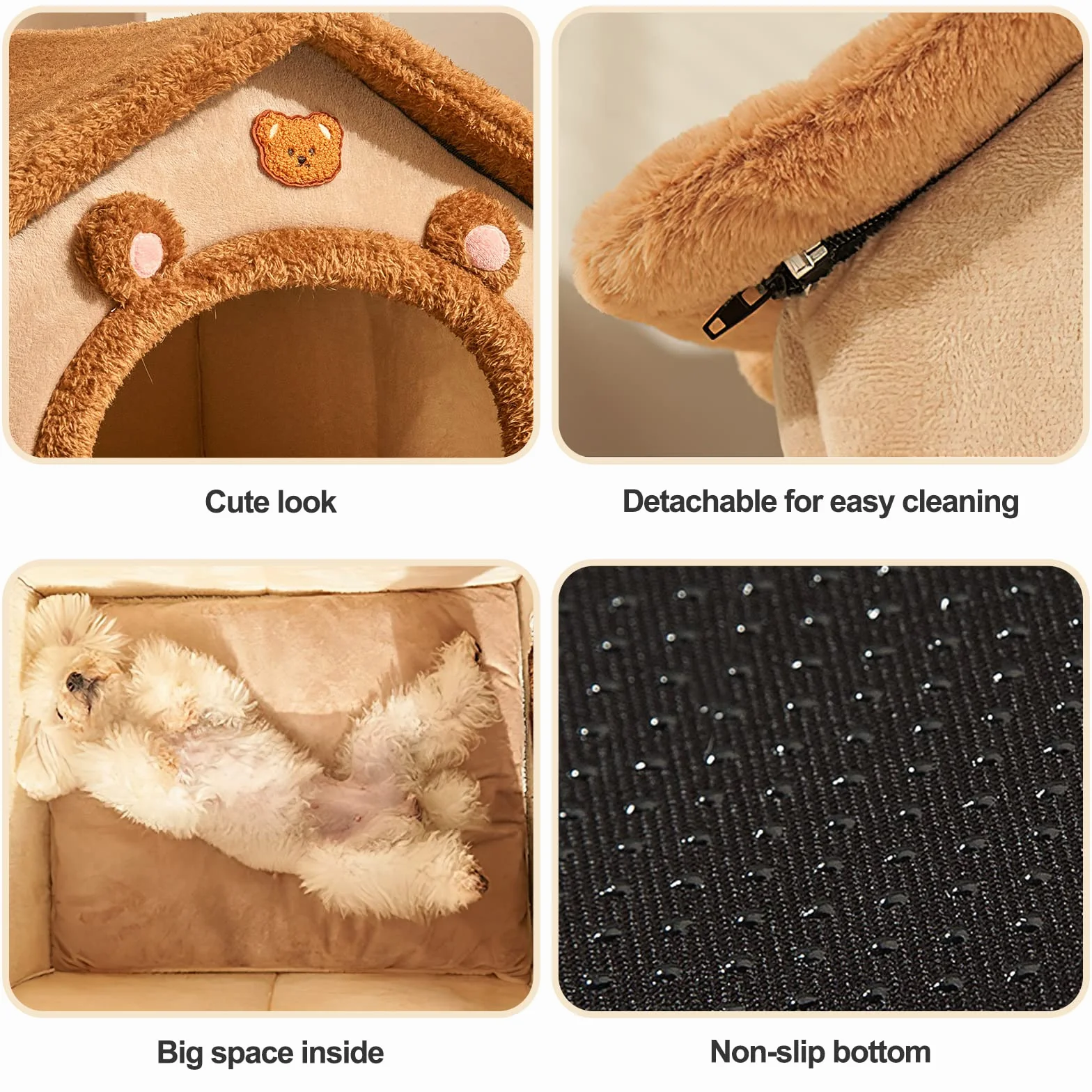 Cama de la cueva del gato, cama lavable para perro, casa cálida y acogedora, plegable cómoda casa para gatos para mascotas, cama para perros con cojín extraíble (L, marrón)