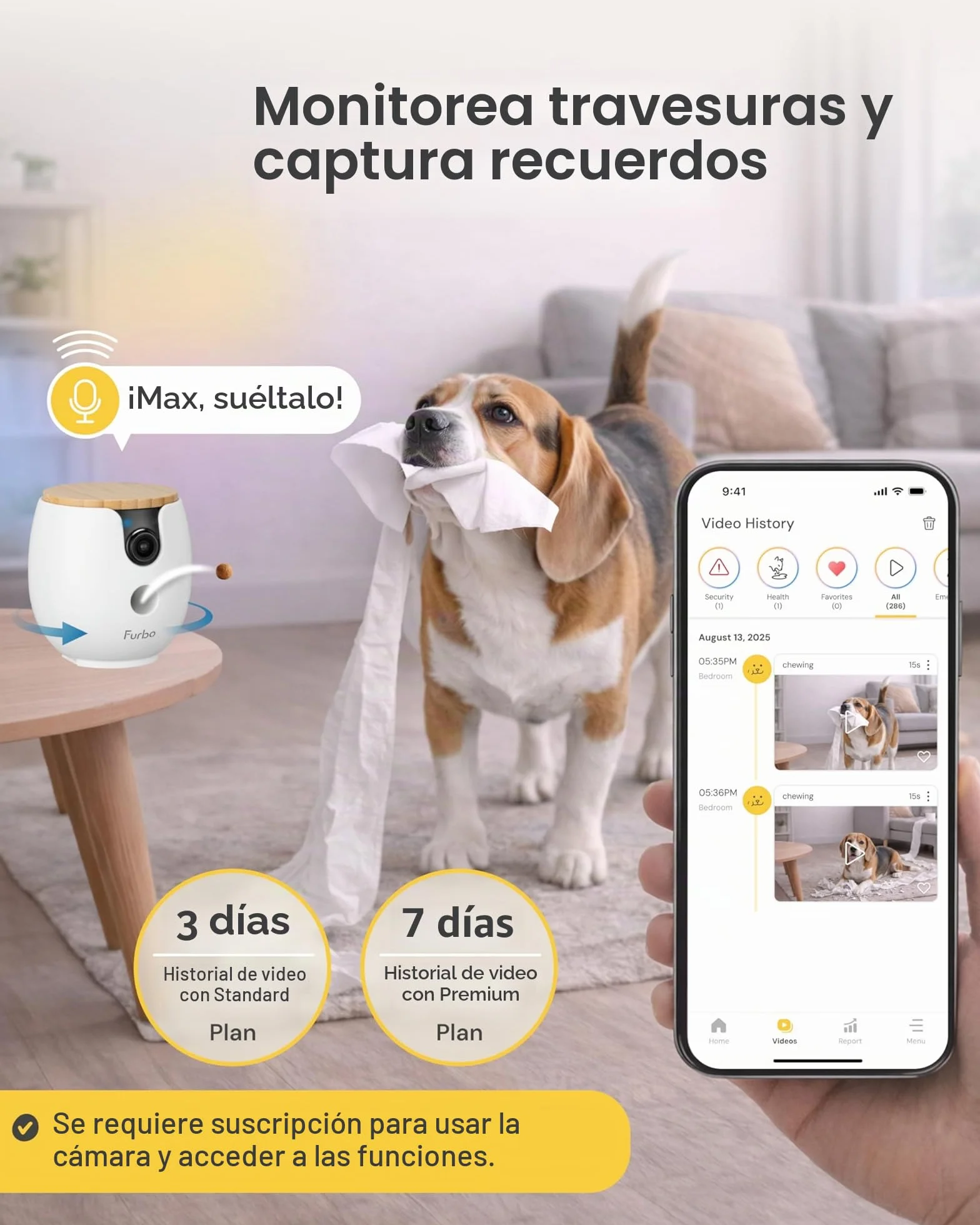Furbo Mini cámara de 360º para mascotas, desbloquea la cámara inteligente y las funciones inteligentes con plan de pago: seguridad para el hogar y alertas de seguridad para perros y gatos, dispensador