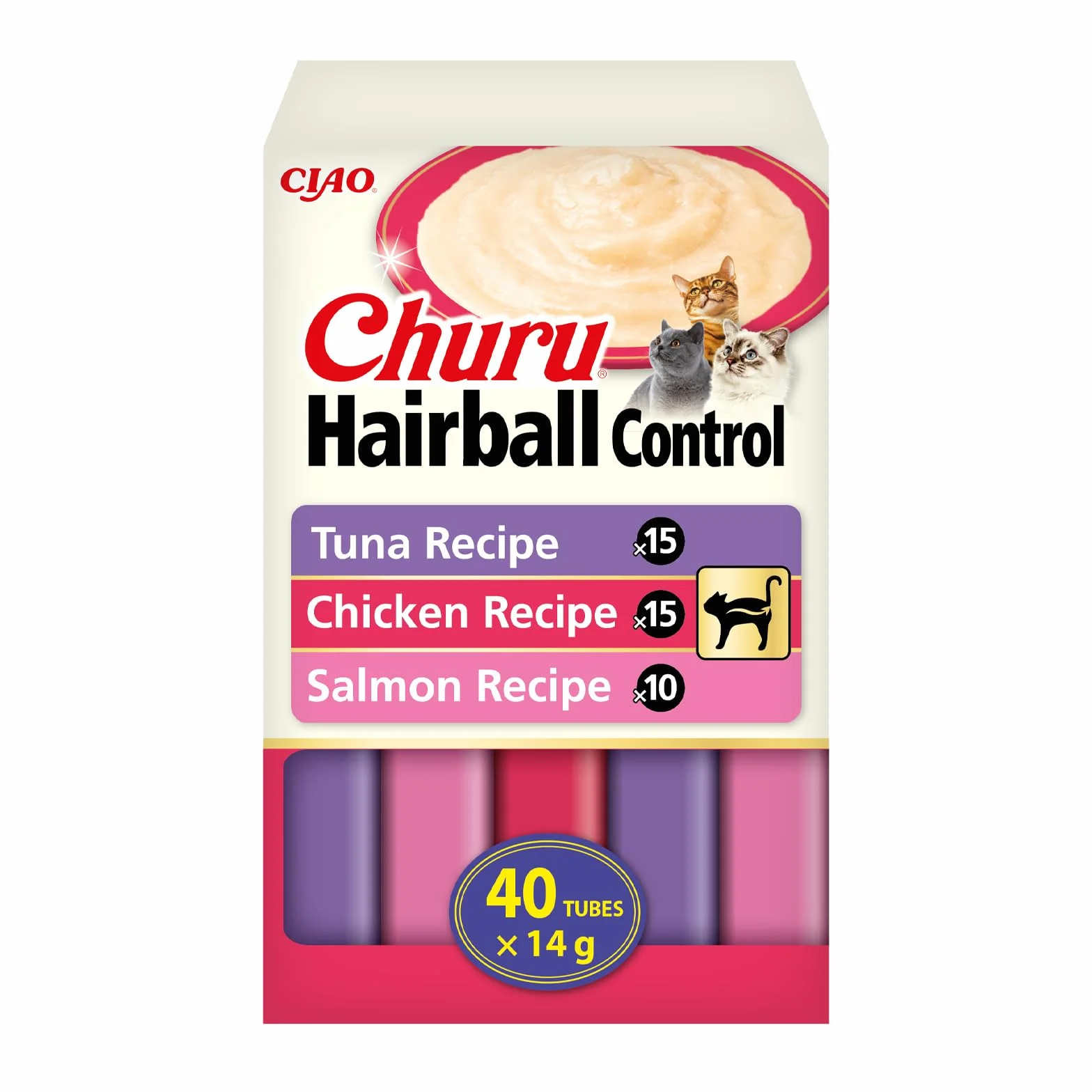 INABA Churu Hairball Control, Snack Cremoso para Gatos contra Las Bolas de Pelo, con Atún, Pollo y Salmón, Puré Suave con Fibra Añadida, Rico en Omega 3 y 6, Alto Contenido en Humedad, 40 Tubos x 14g