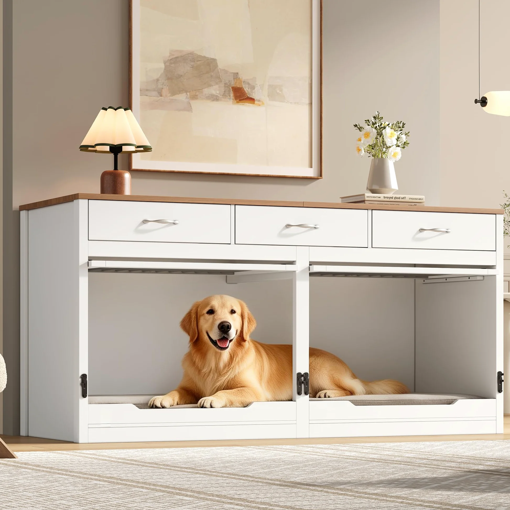 Jaula para perros de madera y metal, para 2 perros, 164 x 60 x 81 cm, caseta interior, tapa abatible, divisor extraíble, 3 cajones (blanco + efecto madera)