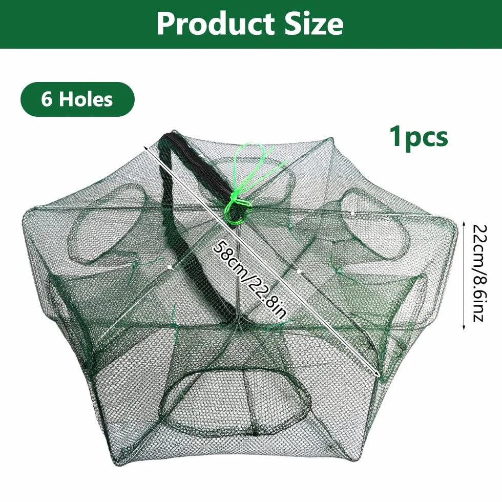 Trampa de Pescado 58×22cm Nailon Red Plegable Portátil 6 Agujeros para Anguilas Cangrejos Camarones