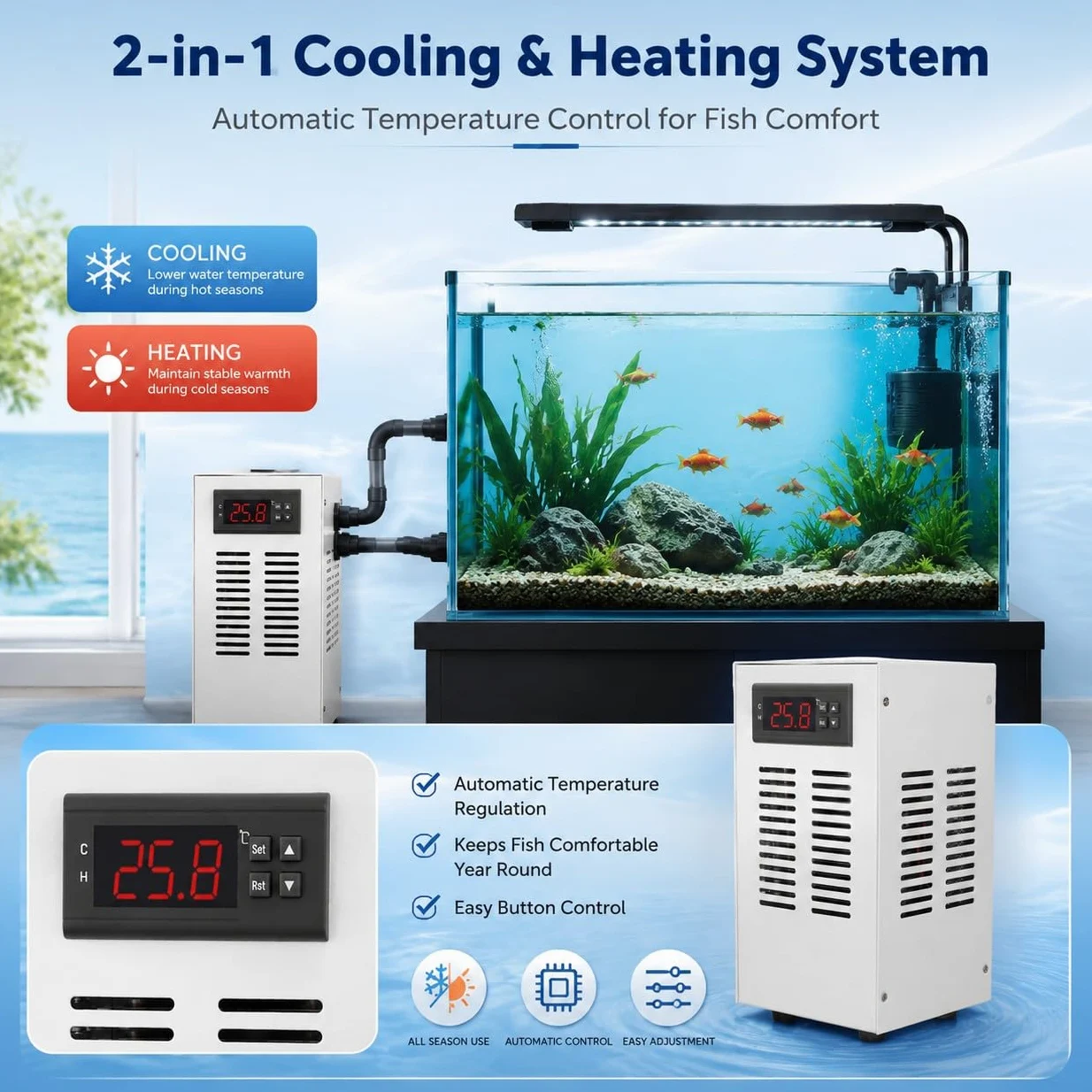 Enfriador de Acuario, Enfriador de Acuario de 72 W, Enfriador de Acuario Axolotl, Sistemas de Enfriamiento y Calentamiento de Acuario de 20 L con Manguera de (Enchufe UE de 100 a