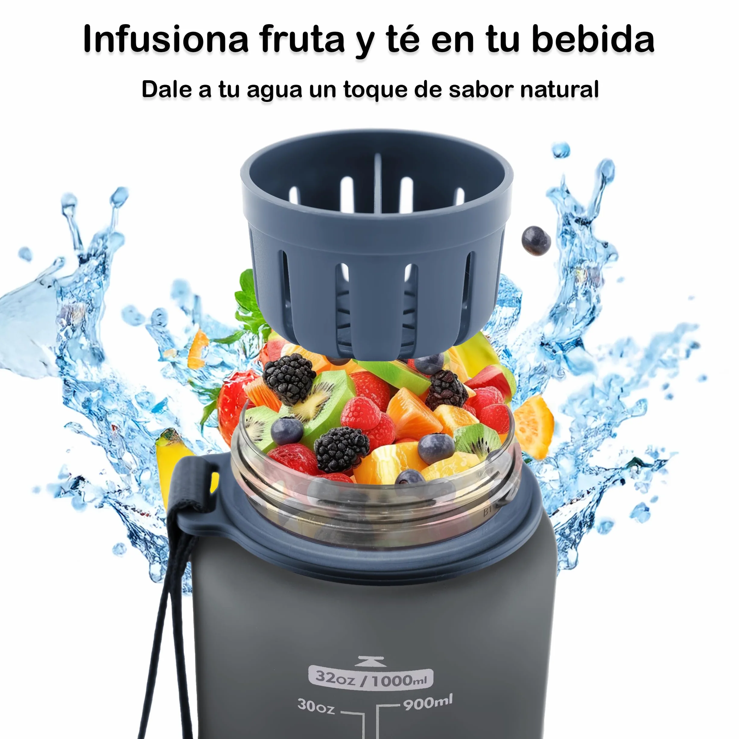 Otto Koning Botella Agua 1L Deportiva Sin BPA Hermética Boca Ancha Correa Resistente Reutilizable
