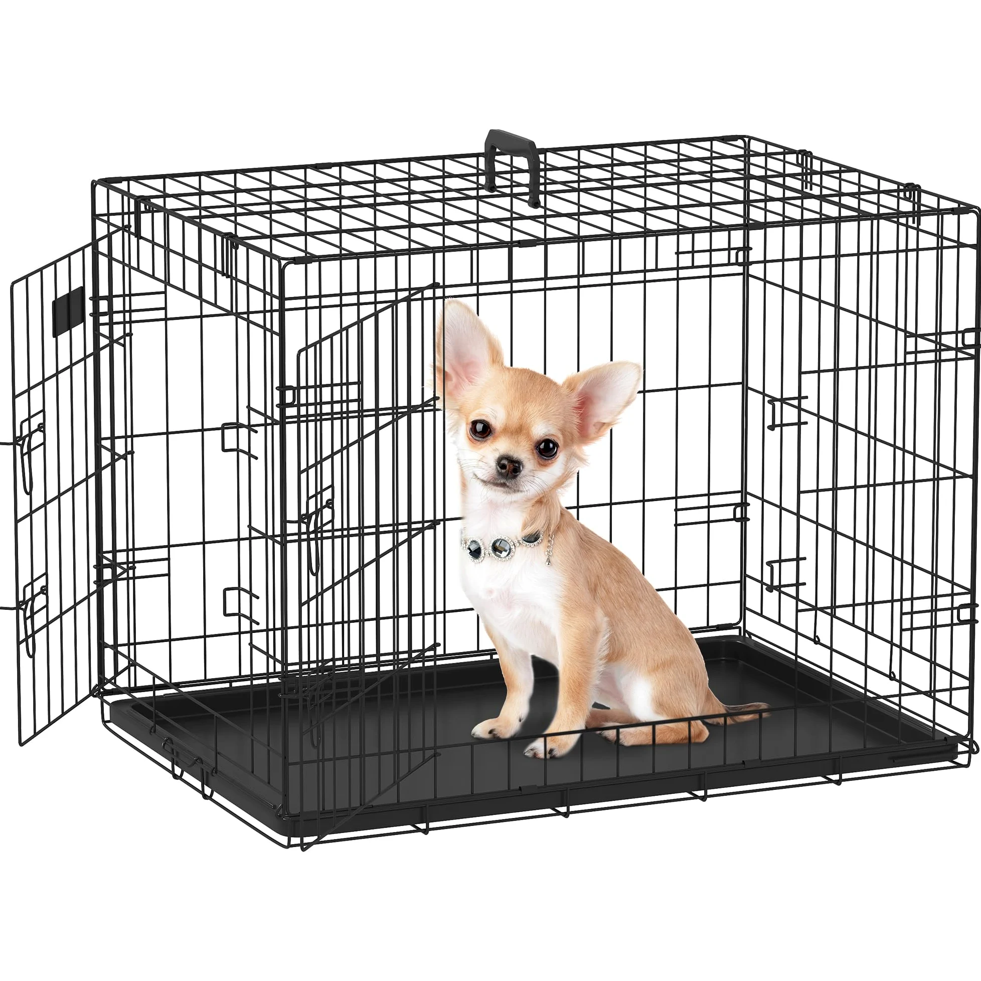PawHut Jaula para Perros Plegable Transportín para Perros con 2 Puertas Bandeja Extraíble y Asa de Transporte 76x46x52 cm Negro