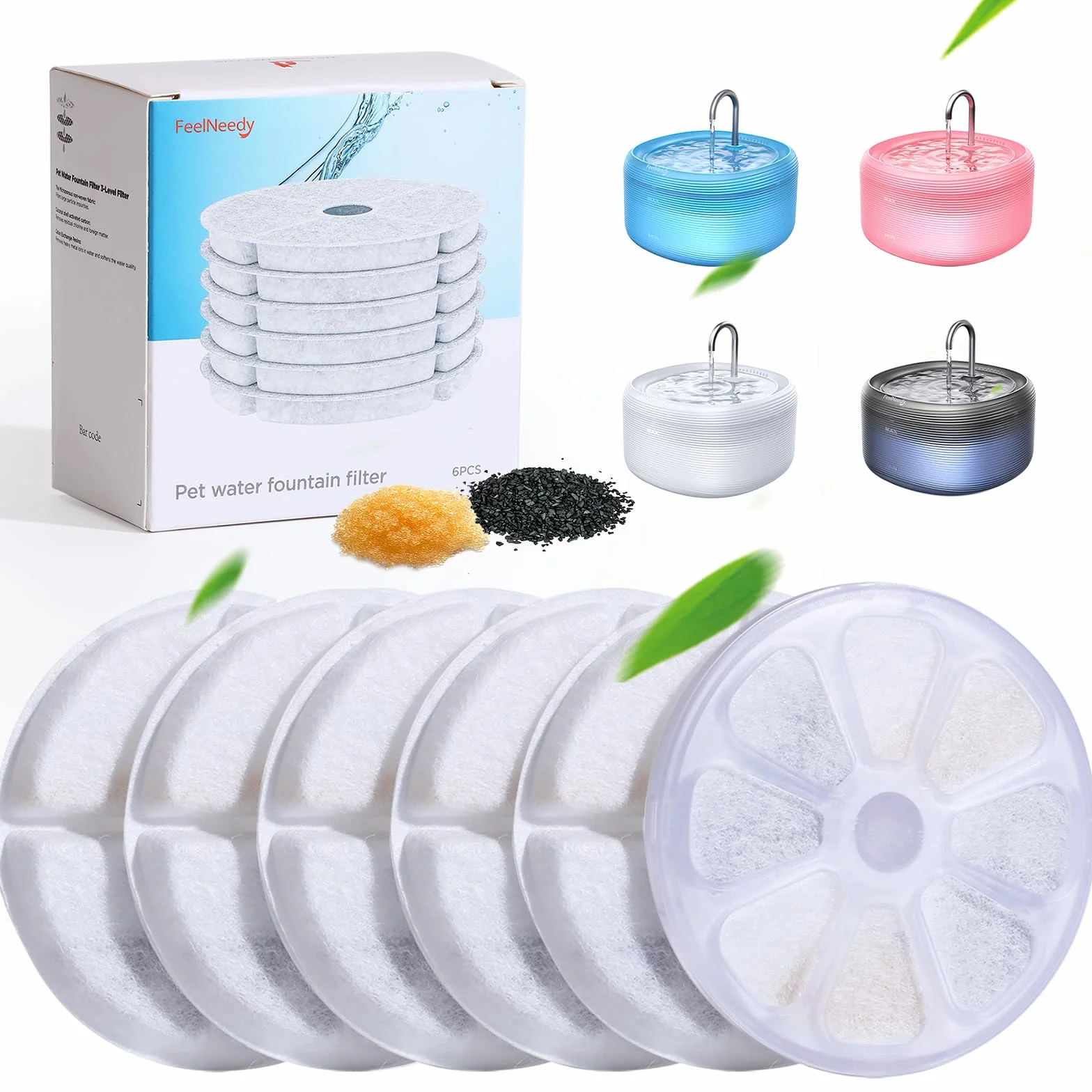 6 Piezas Filtros de Fuente para FEELNEEDY 3,2L Fuente para Gatos, Filtros de Bebedero Gatos, Triple Filtración, Satisface Las Necesidades de Reemplazo de 2 a 3 Meses