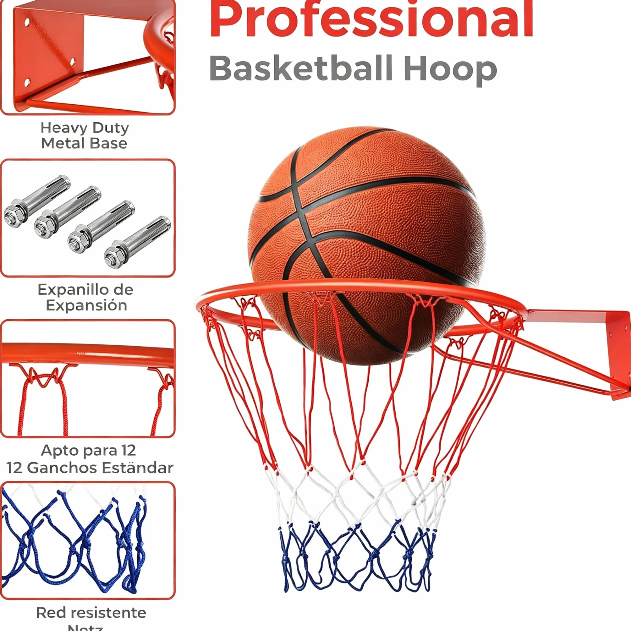 GYMAX Canasta de Baloncesto Montaje en Pared, 45 cm, Red con Anillo de Acero, Resistente Intemperie