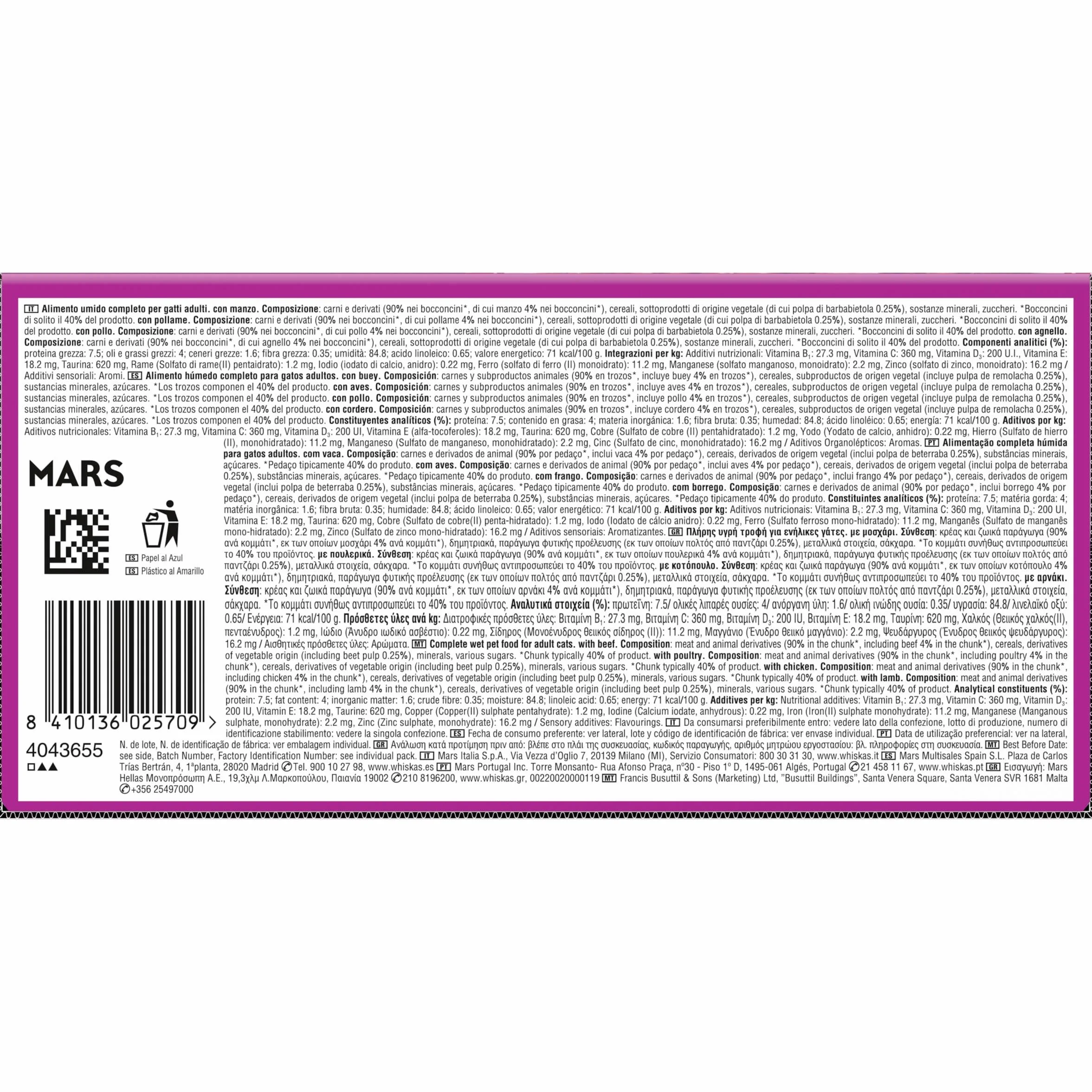 WHISKAS Duo Comida húmeda en Salsa Gatos Adultos Comb. Clásicas - 4 x 12 bolsitas x 85g